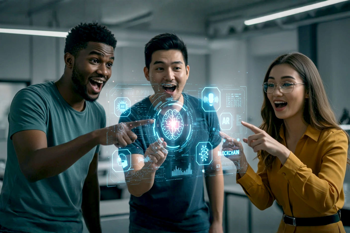 Lifelike, professional photography style: A group of three young, energetic marketing professionals (one man, two women, various ethnicities) are gathered around a futuristic, holographic interface displaying glowing icons representing different digital marketing niches (e.g., an AI brain, a green leaf, a voice wave, AR glasses, a blockchain symbol). They are pointing and discussing excitedly, with a bright, modern office environment softly blurred in the background. The mood is optimistic, innovative, and collaborative. Focus on their engaged expressions and the clarity of the holographic icons. Cinematic lighting, shallow depth of field.
