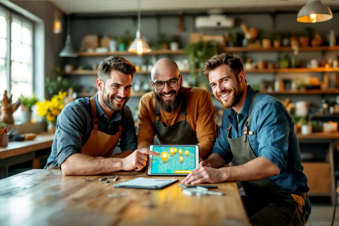 Professional, vibrant, eye-level photograph of a group of three small business owners (e.g., a baker, a mechanic, a florist) collaborating and smiling around a rustic wooden table in a brightly lit, welcoming workshop or storefront. One owner points to a tablet displaying a local map with glowing pins, symbolizing local marketing success. Soft, natural window lighting. Optimistic, successful, and community-focused atmosphere. Shallow depth of field with a slightly blurred background showcasing tools of their trades. Shot on a high-quality DSLR, evoking a sense of authenticity and local pride.