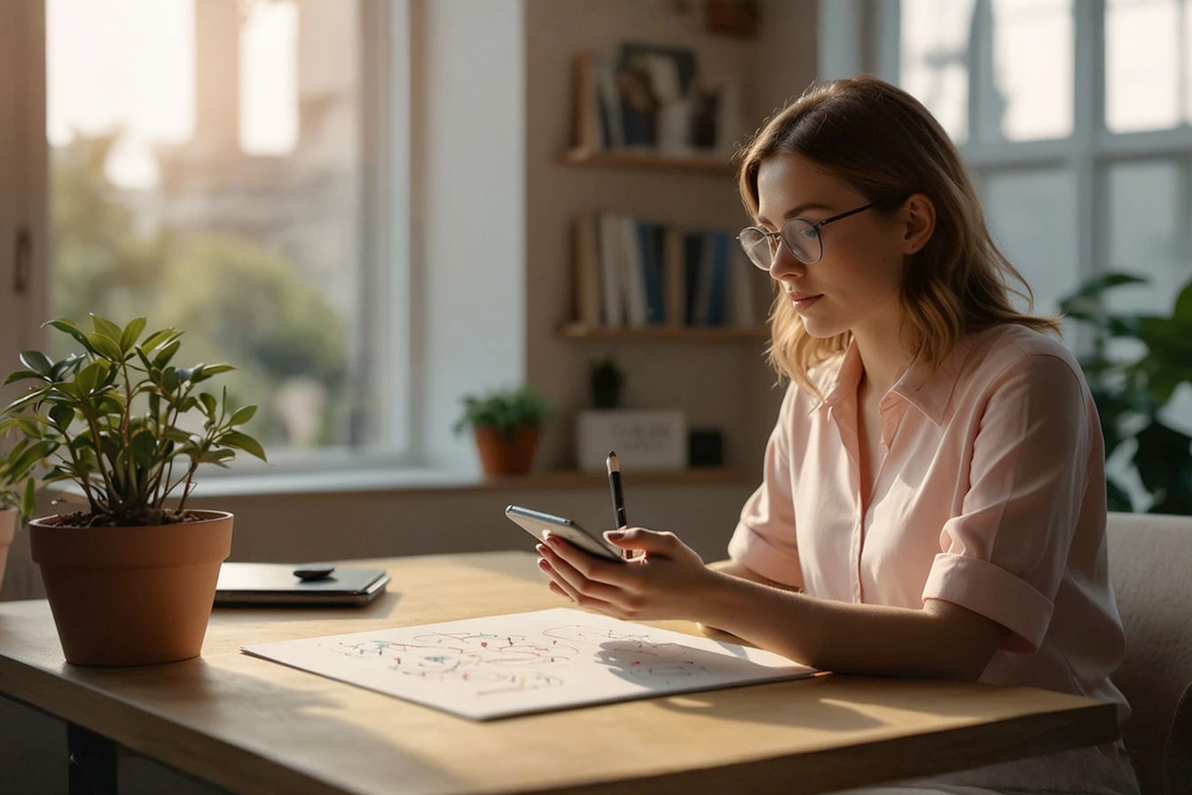 Lifelike professional photography, bright and optimistic tone. A person at a clean, modern desk is thoughtfully looking at a phone displaying a clear Venn diagram with three overlapping circles. The circles are distinct colors (e.g., blue, green, yellow). The central overlapping area, where all three circles meet, is highlighted with a brighter, glowing effect or a subtle spotlight, symbolizing the 'profitable niche.' No text should be visible on the diagram itself. Soft, natural light from a window. Minimalist background. Focus on the person's engaged expression and the visually clear, symbolic diagram.