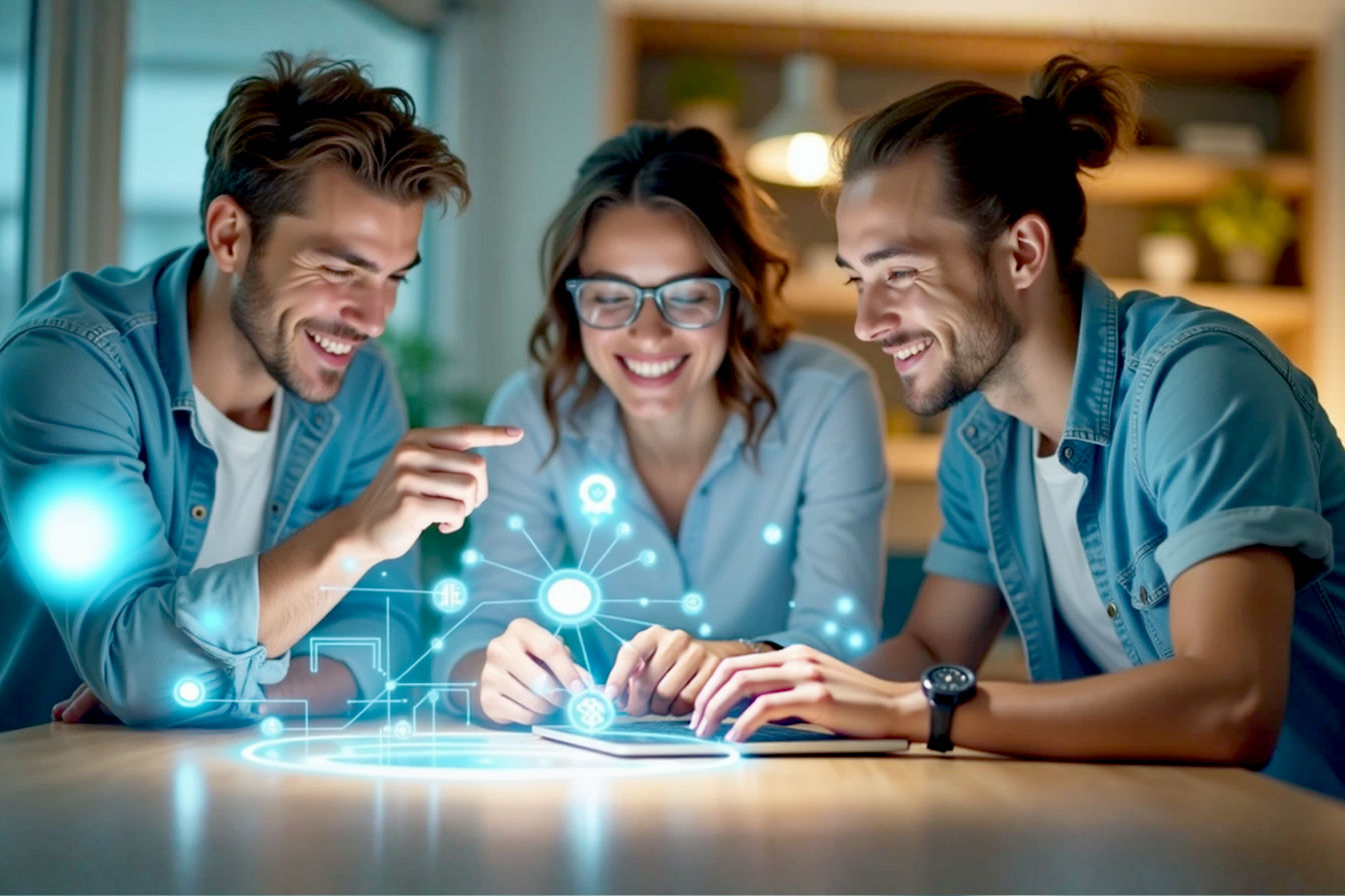 Lifelike pro photography style, bright and optimistic: A group of three young, energetic entrepreneurs (male and female, various ethnicities) are excitedly brainstorming around a modern, light-wood holographic interface displaying various glowing social media icons and abstract network connections. One is pointing at an icon, another is typing on a sleek, minimalist laptop, and the third is looking thoughtfully upwards as if an idea just struck. The background is a clean, slightly blurred modern office or co-working space with soft natural light. Focus on expressions of creativity, collaboration, and opportunity. Keywords: entrepreneurship, social media, marketing, ideas, innovation, niche, future, technology, teamwork. Cinematic lighting, sharp focus on faces and holographic interface.