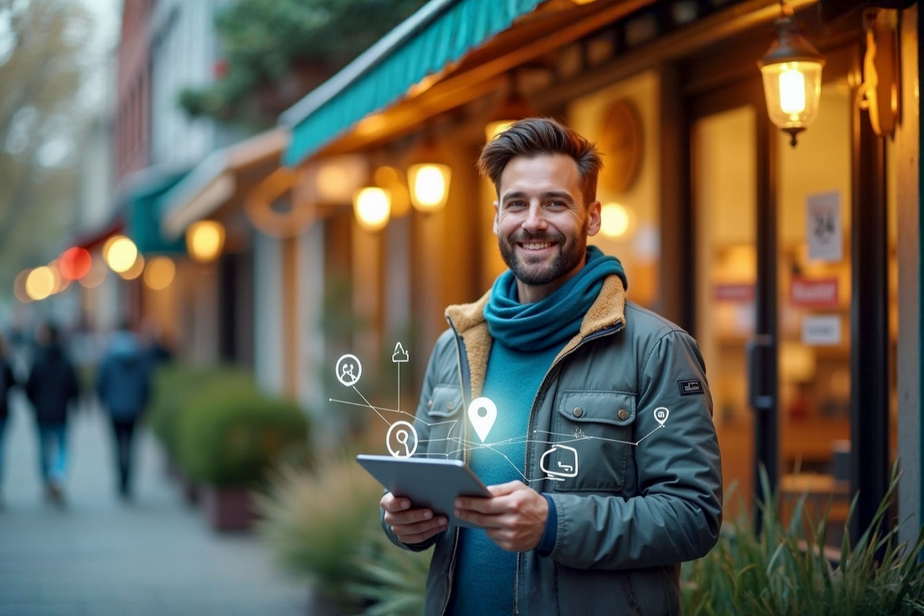 Lifelike professional photography style: A small business owner stands proudly in front of their charming, well-lit shop. Digital location pins or subtle glowing network lines emanate from a tablet they are holding, connecting to stylized icons representing local customers in the softly blurred background neighborhood street. The overall mood is optimistic, tech-savvy, and community-focused. Warm, inviting lighting. Shot with a shallow depth of field.