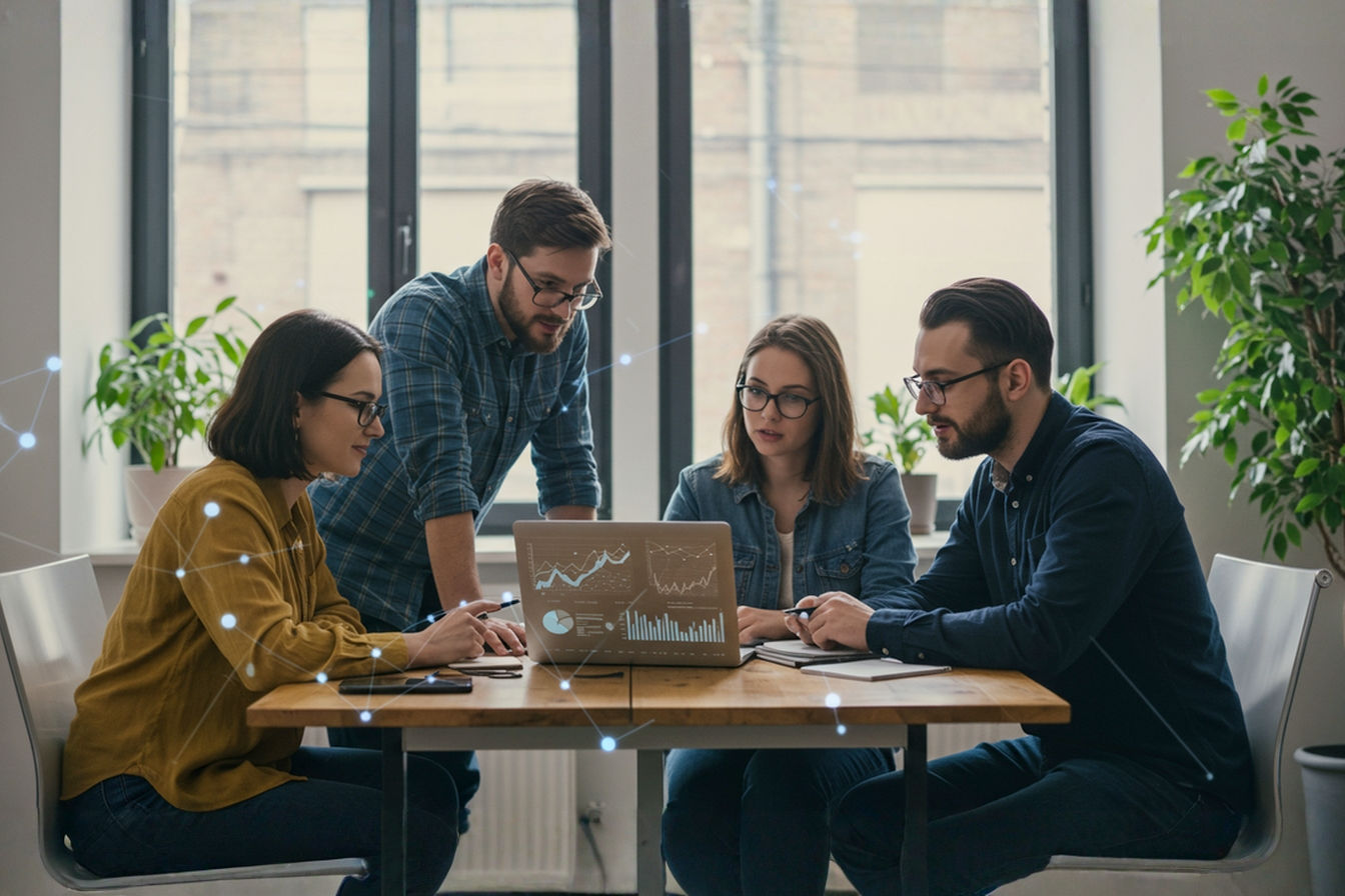 Lifelike professional photo, eye-level shot of a small group of three to four focused digital marketers collaborating around a sleek, modern wooden table in a bright, airy co-working space with large windows and plants. They are looking at a laptop screen displaying abstract data visualizations or network graphs. Subtle, glowing abstract digital network lines are artistically overlaid in the foreground and background, symbolizing niche connections and opportunities, without obscuring the people. The overall mood is optimistic, innovative, and professional. Warm, natural lighting with soft shadows. Use a shallow depth of field to keep the marketers in sharp focus. High resolution, photorealistic detail.