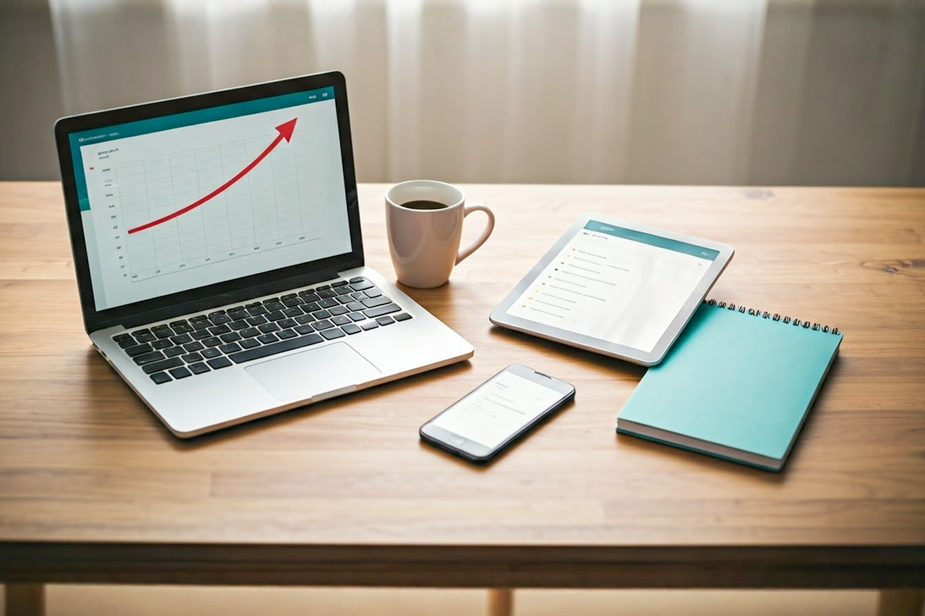A dynamic, professional flat-lay photograph showcasing a modern, organized desk setup. Prominently featured are symbolic representations of digital tools: a sleek laptop displaying a growth chart, a tablet showing a keyword research interface, a smartphone with an email marketing app open, a notepad with a 'to-do list' including 'Affiliate Sales $$', and a stylish coffee mug. The overall aesthetic is clean, bright, and aspirational, conveying themes of efficiency, growth, and online entrepreneurship in affiliate marketing. Use a slightly desaturated, modern color palette with pops of a vibrant accent color (e.g., teal or orange). Soft, natural lighting from a window. Depth of field should keep the main items sharp with a subtly blurred background.