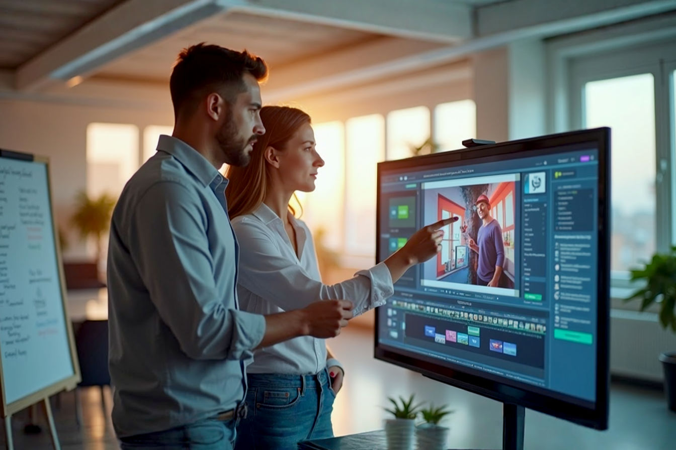 Lifelike, professional photograph showing a marketing team collaboratively storyboarding a video campaign in a bright, modern office. One person points to a screen displaying vibrant video editing software, another sketches on a whiteboard with video icons. Focus on engagement and creativity, warm lighting, shallow depth of field. Style: Pro photography, realistic, high-detail.