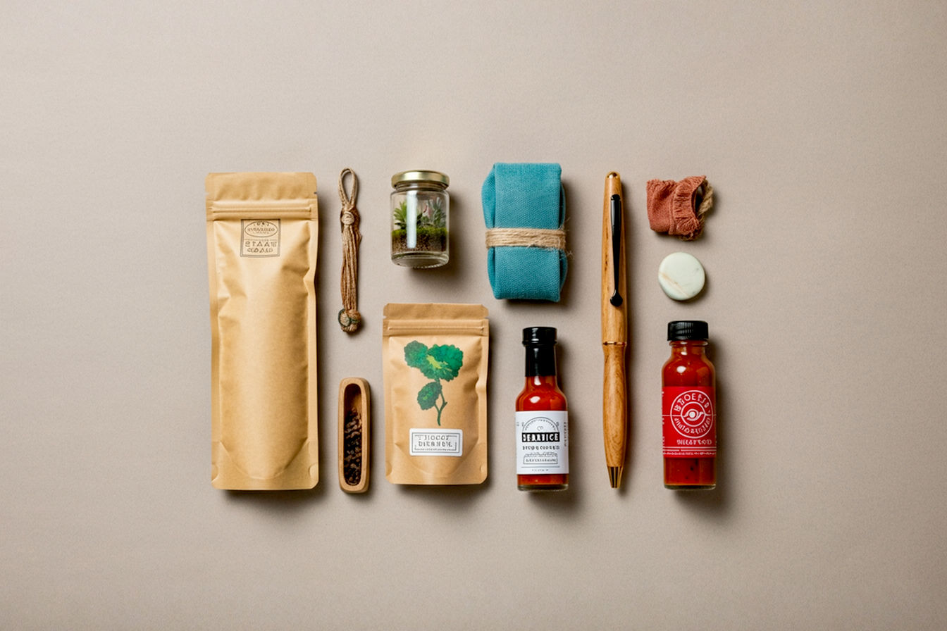 Lifelike pro photography, eye-level medium shot: A curated flat lay arrangement of 5-7 diverse, intriguing small objects representing different niche market categories (e.g., a unique handcrafted wooden pen, a miniature terrarium, a specialized ergonomic gadget, a small bottle of artisanal hot sauce, a colorful eco-friendly beeswax wrap). The items are artfully placed on a clean, slightly textured neutral background (like light wood or matte stone). Soft, natural lighting with subtle shadows enhances texture and detail. The overall mood is sophisticated, intriguing, and inspiring, hinting at unique discoveries. Focus on clarity and high detail of the objects.