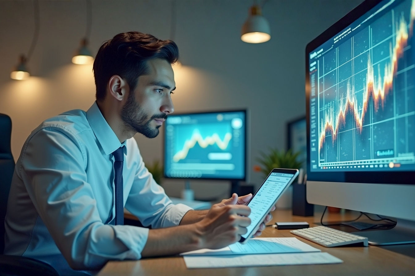 professional photograph depicting a focused individual working diligently at a modern, clean desk. The scene should subtly illustrate the concept of 'digital affiliate marketing' and 'competitive strategy.' Perhaps a stylized, glowing network graph or upward trending chart is visible on a sleek monitor in the background, slightly out of focus.