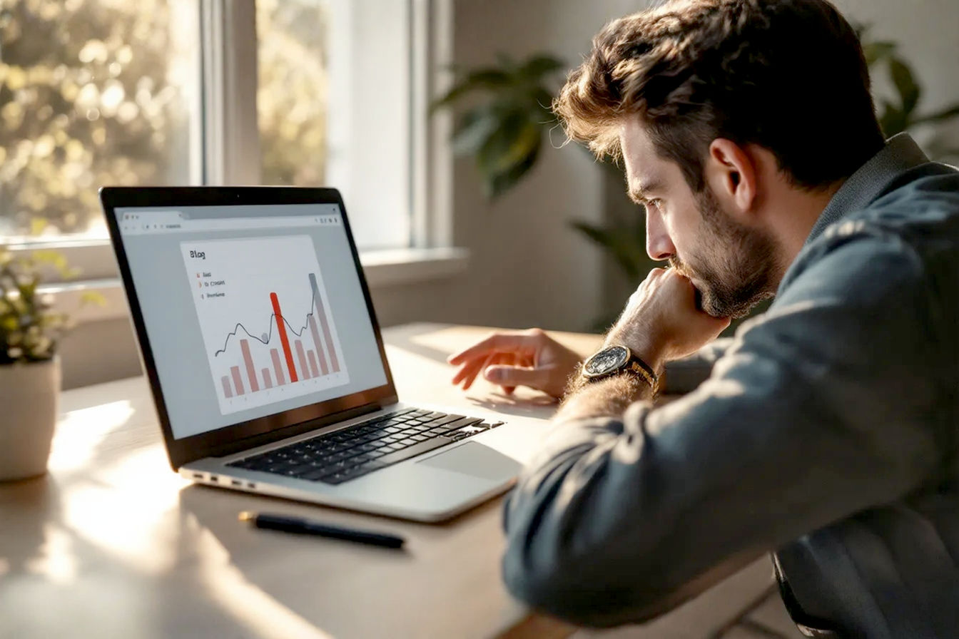 Pro photography, eye-level shot: A slightly frustrated but determined person (30s, any gender, casually dressed) sits at a clean, modern desk with a laptop. The laptop screen shows a generic blog interface with a flatlining graph icon.