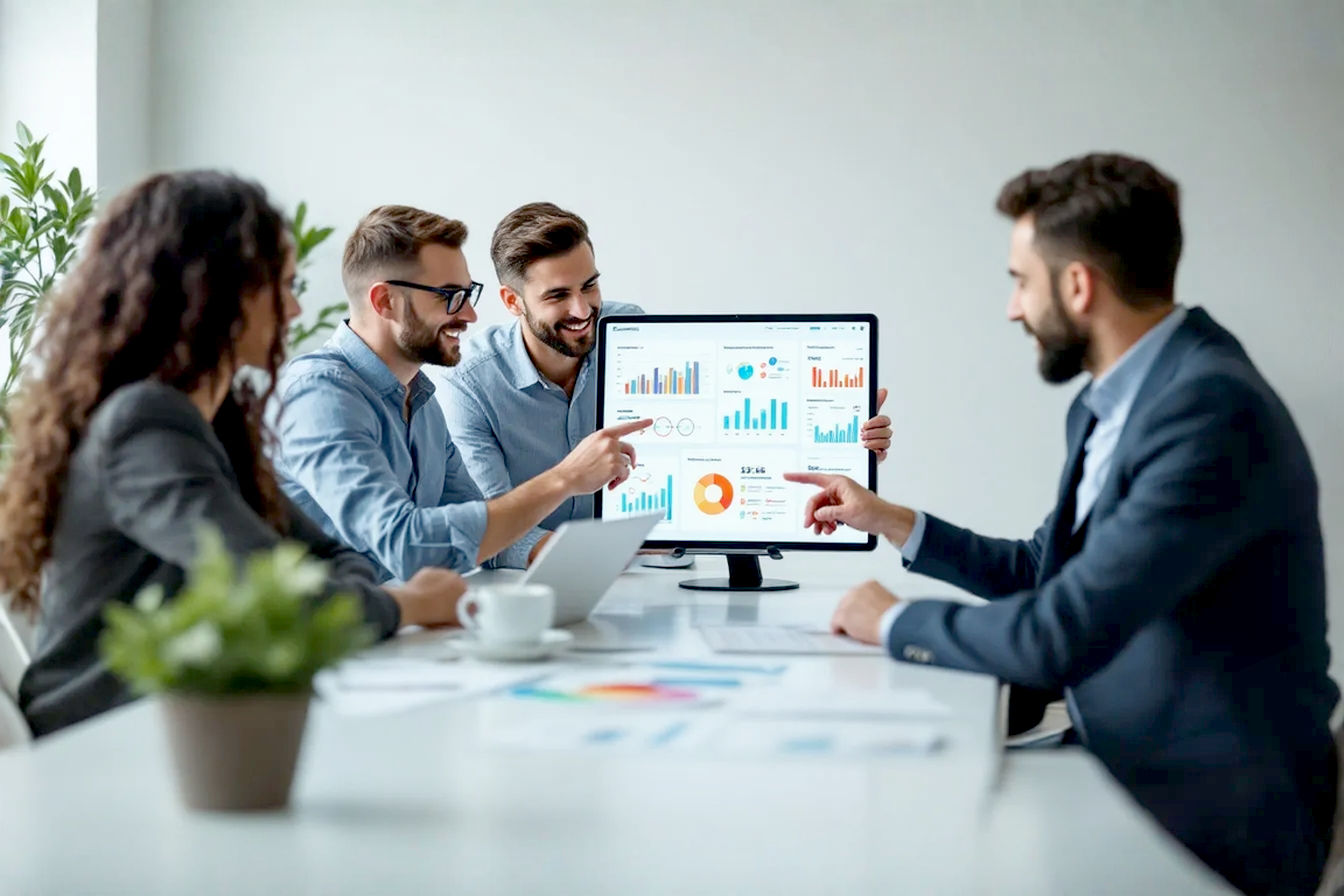 Clean, modern office setting: A team of three marketing professionals engaged in a strategic discussion around a large tablet displaying clear, colorful charts and network diagrams representing affiliate marketing success. One person is pointing to the tablet, explaining a concept. The mood is positive, professional, and focused. Style: Bright, natural light, professional photography.