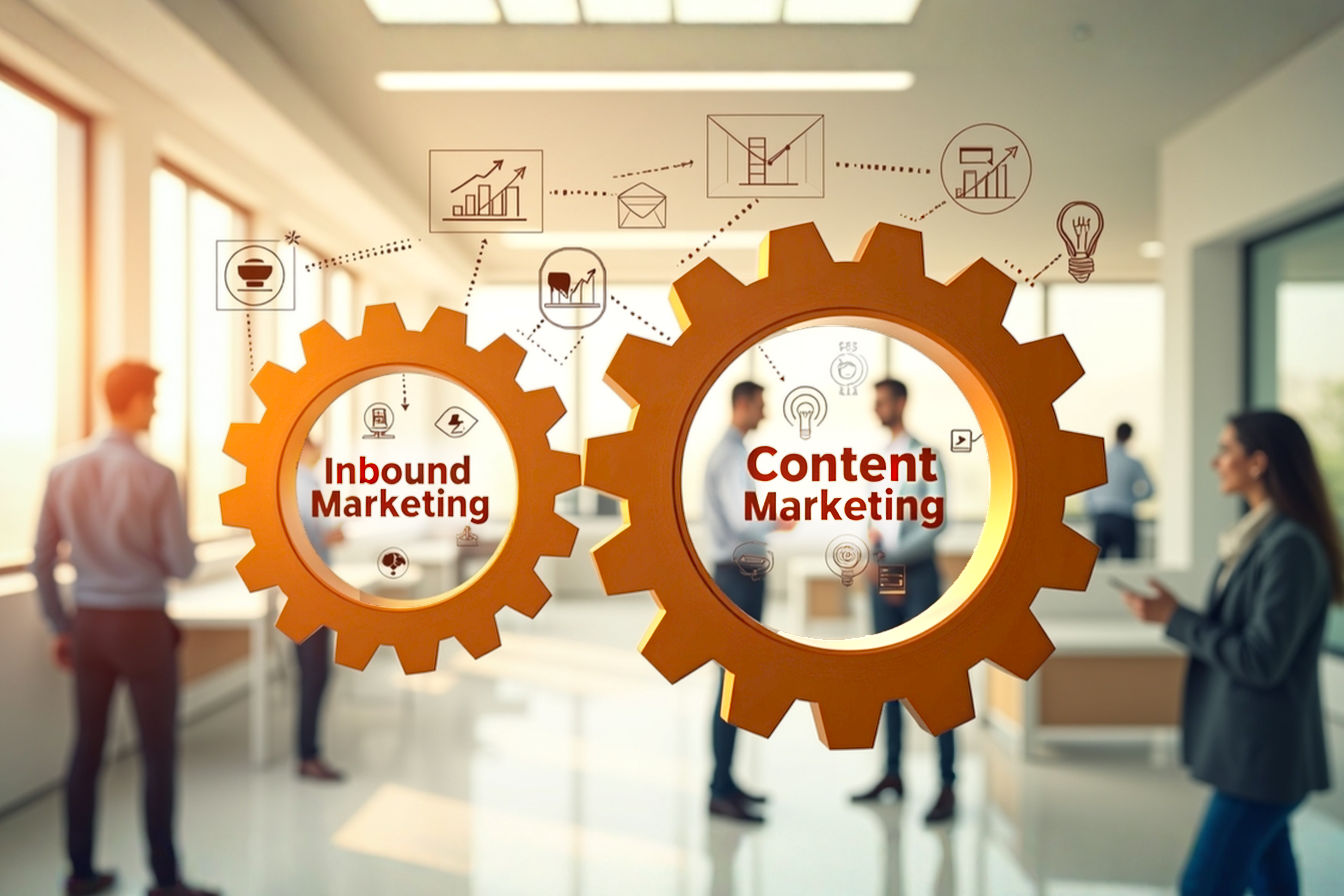 Lifelike, professional photograph depicting two distinct but interconnected gears (one labeled 'Inbound Marketing' with icons like a magnet and a funnel, the other 'Content Marketing' with icons like a blog post and a video play button) seamlessly meshing together. The gears are part of a larger, clean, modern machine that is visibly producing positive business outcomes like upward-trending graphs and glowing lightbulbs representing ideas. The background is a bright, optimistic office setting with a diverse team collaborating subtly. Focus on a sense of precision, synergy, and successful integration. Style: bright, sharp, modern, professional photography.