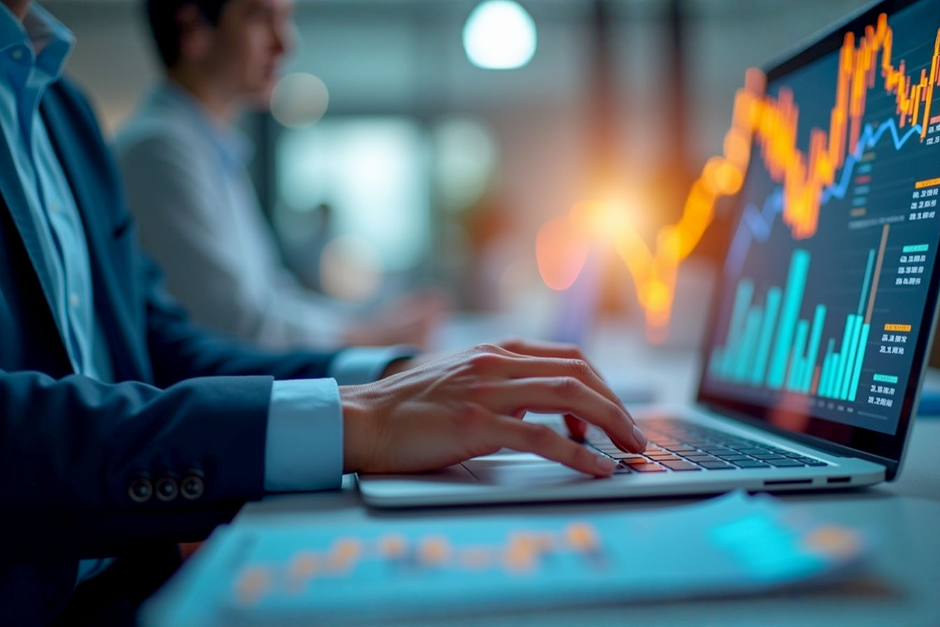 Professional, lifelike photograph depicting business professionals working around interconnected network graphs and growth charts, symbolizing B2B partner enablement and channel marketing success. Bright, optimistic lighting, clean office environment. Depth of field, high resolution.