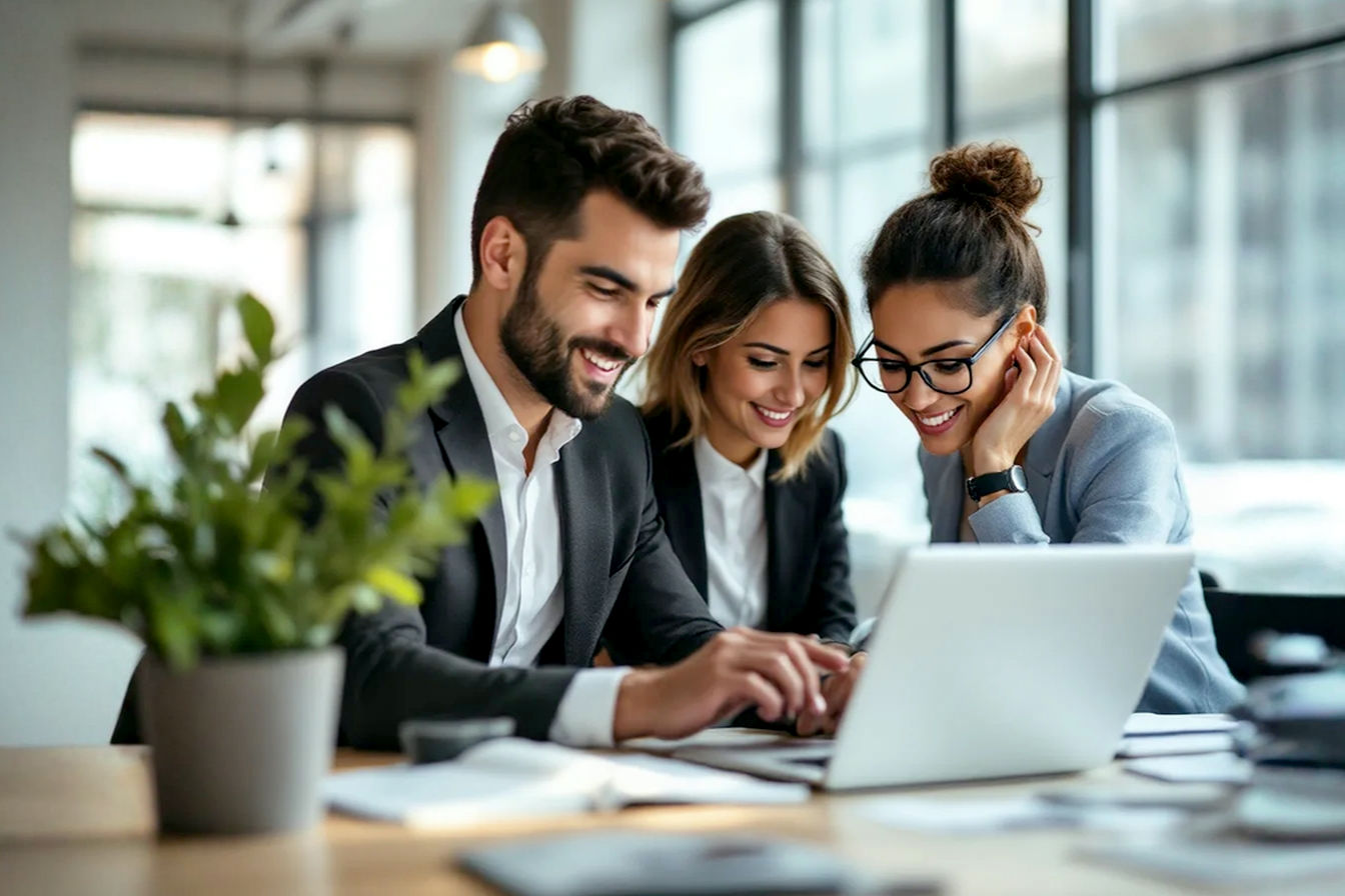 Professional, lifelike photograph showcasing a group of three business professionals in a modern office setting, engaged in an animated discussion around a tablet displaying charts and graphs. One professional, clearly an expert or 'influencer' type, is gesturing towards the screen, explaining a concept. The atmosphere is collaborative and insightful.
