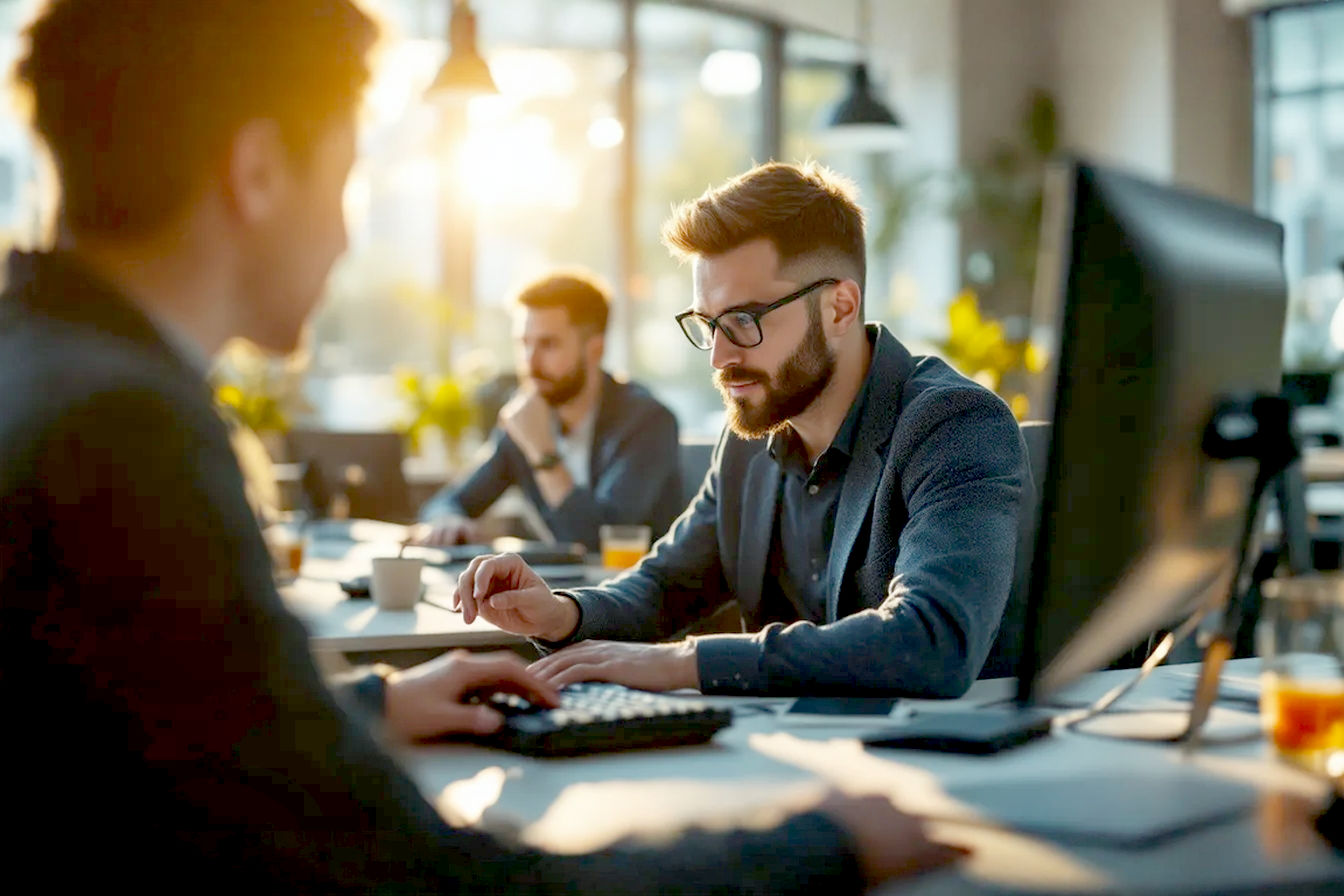 A professional, brightly lit, modern office setting. A team of B2B marketing professionals are working on their marketing using computers. The overall mood is optimistic, focused, and conveys high-tech efficiency and successful teamwork. Use a slightly low-angle shot to make the scene feel dynamic. Ensure photorealistic quality with natural lighting and subtle lens flare.