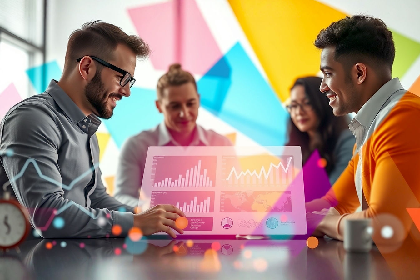 Lifelike professional photography, bright and modern office setting with a team collaborating around global B2B network charts and data analytics. Focus on a sense of optimism, innovation, and global connectivity. Subtle elements hinting at both opportunities (growth charts, expanding networks) and threats (shield icons, secure data streams). Cinematic lighting, shallow depth of field focusing on the interface and team interaction.