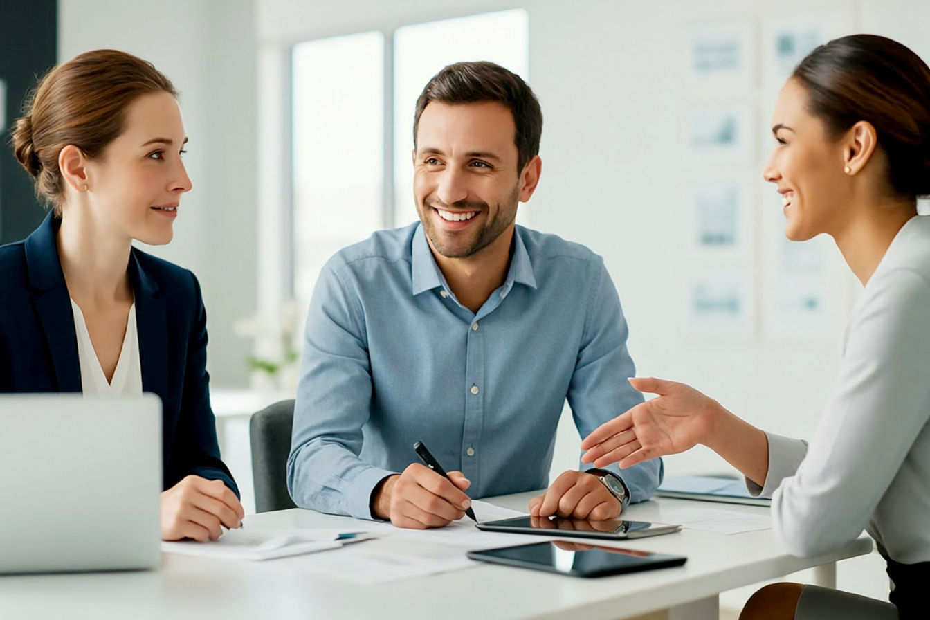 Lifelike professional photography, bright and modern office setting. A group of three B2B professionals are collaborating around a sleek conference table. Subtle visual cues of connection and conversion, like glowing lines connecting profiles or a subtle 'lead' icon. Focus on a sense of optimism, strategy, and successful outcomes. Natural lighting, slightly blurred background to emphasize the professionals.