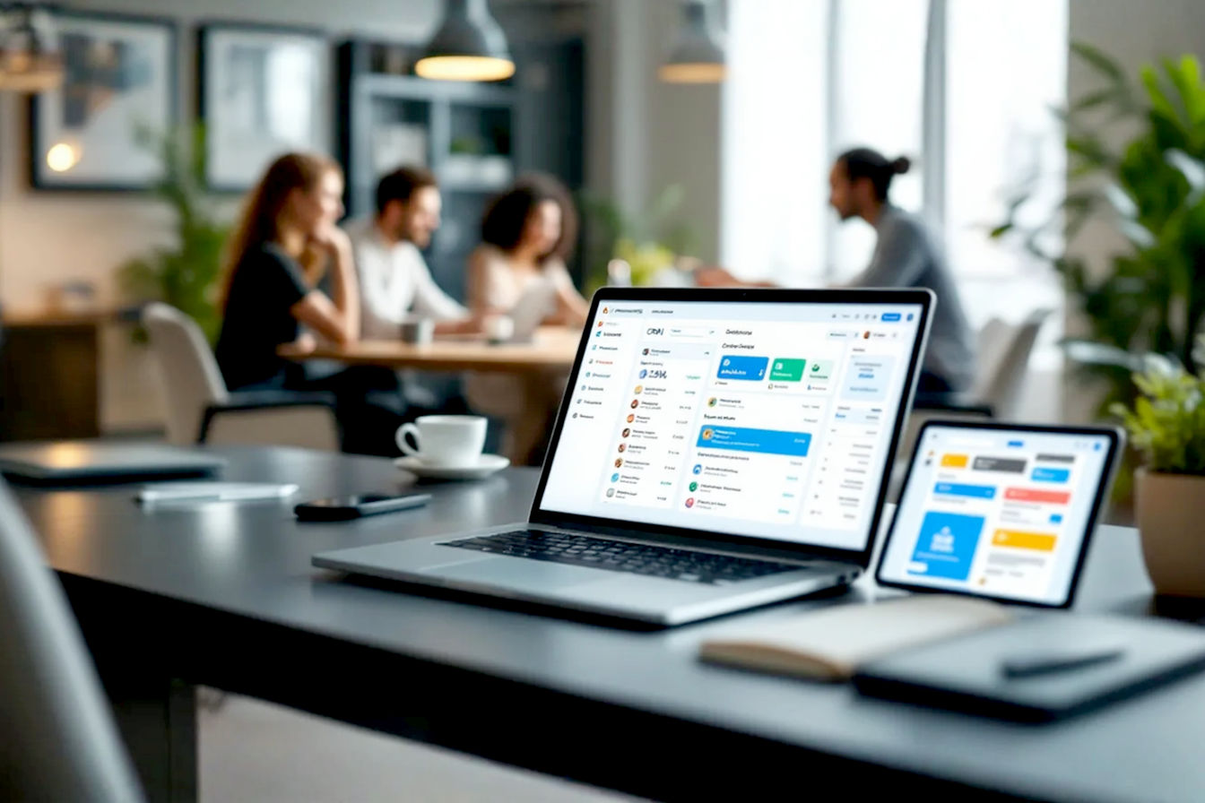 A sleek, modern office desk viewed from a slightly elevated angle. On the desk, a laptop displays a clean CRM dashboard interface with email integration elements clearly visible (e.g., an inbox snippet, email campaign stats, contact list with email icons). Next to the laptop, a tablet shows an email marketing campaign being designed with dynamic content blocks. In the background, subtly blurred team members are collaborating around a conference table, suggesting teamwork and productivity. The lighting is bright, natural, and professional, with a focus on the technology. The overall mood is efficient, organized, and forward-thinking. Pro photography, lifelike, high detail, depth of field.