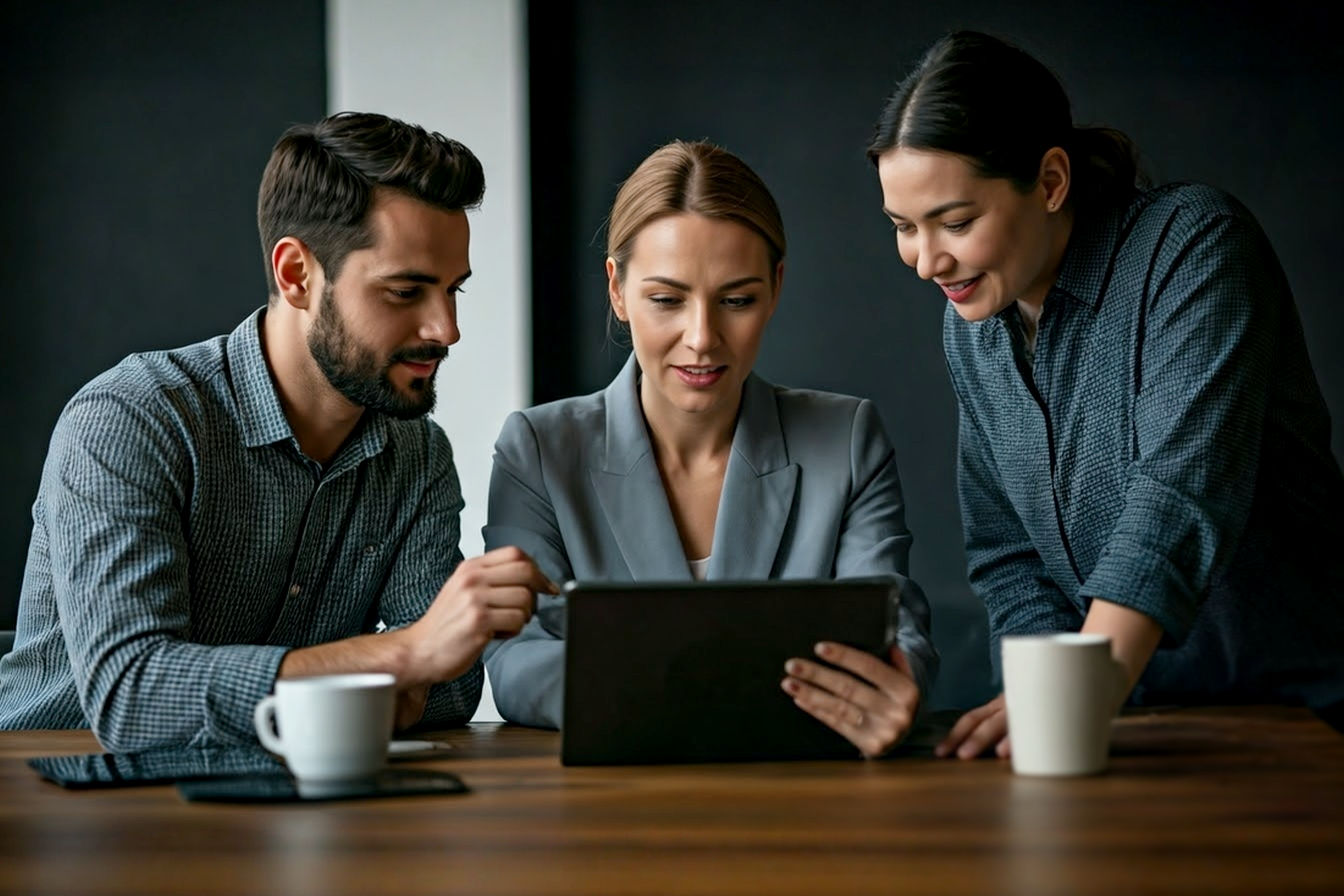 Professional, lifelike photograph depicting a group of three small business owners (e.g., one in a modern workshop, one in a cozy cafe, one at a tech startup desk) collaboratively looking at a tablet held by a friendly, approachable marketing consultant in a smart-casual office setting. The scene should convey partnership, strategy, and growth. Bright, natural lighting. Focus on positive, engaged expressions. Background slightly blurred to emphasize the people.