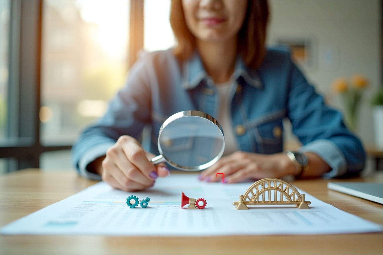 Lifelike professional photography, eye-level shot: A diverse small business owner is thoughtfully comparing three distinct, symbolic representations of PR strategies on a clean, modern desk. One symbol is a simple, elegant megaphone (DIY/grassroots). Another is a precisely arranged set of gears (freelance/specific tools). The third is a small, architecturally sound model of a bridge (agency/comprehensive). The owner is holding a magnifying glass over a budget sheet, with soft, natural light illuminating the scene.