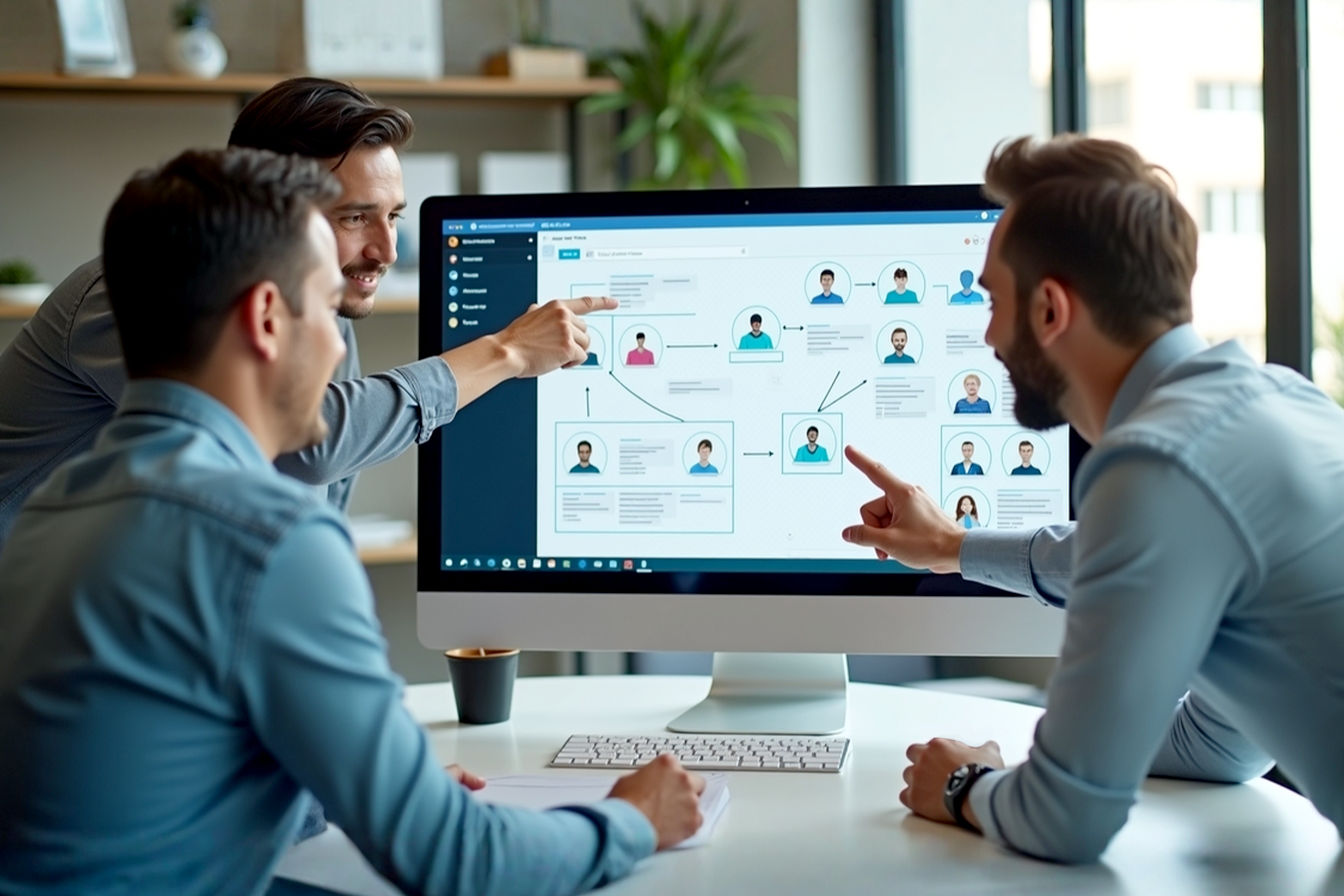 Professional, lifelike photograph depicting a team collaborating around a modern, clean desk. On a large monitor in front of them, a visually engaging email marketing drip campaign workflow is displayed, showing interconnected email icons, user profile symbols, and arrows indicating flow. The team members are pointing at the screen, discussing, and smiling, conveying success and collaboration. Soft, natural office lighting. Focus on the screen's workflow diagram, but keep the team's interaction clear.