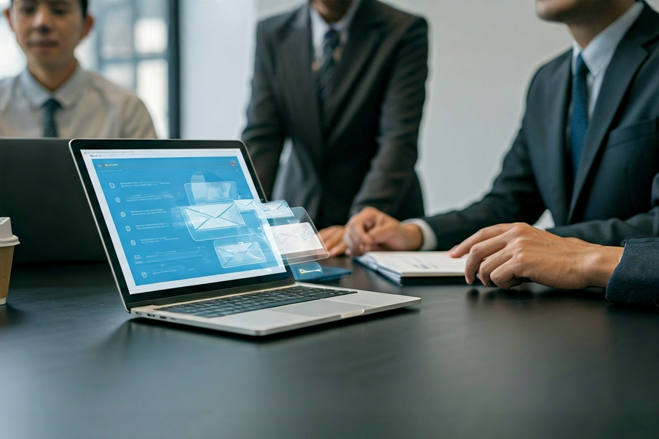 Professional, lifelike photograph depicting business professionals collaboratively working on laptops around a sleek conference table. In the foreground, one laptop screen clearly displays an email inbox with messages neatly organized, symbolizing successful email delivery. Subtle, abstract digital network lines or data streams could be faintly visible in the background, suggesting connectivity and communication. The overall mood should be positive, bright, and professional, emphasizing successful digital marketing and communication. Avoid overly cartoonish or generic stock photo aesthetics. Focus on realism and a sense of productive collaboration.