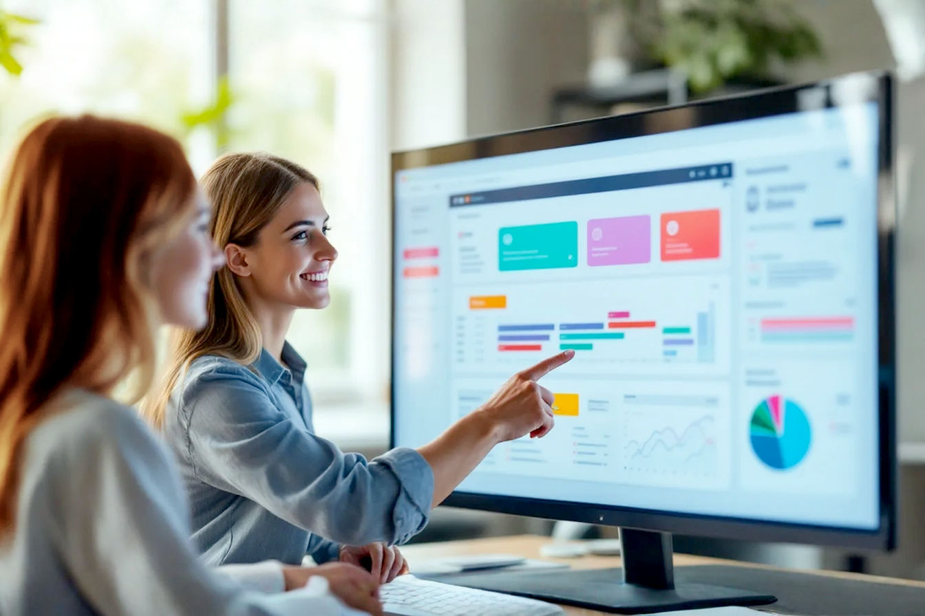 Lifelike professional photography, bright and modern office setting. A marketing team is collaboratively gathered around a large, sleek monitor displaying a vibrant, user-friendly Content Management System (CMS) interface with charts and content blocks. One person is pointing to the screen, explaining a concept. Focus on the positive interaction and the technology. Soft, natural lighting. Depth of field, with the screen slightly more in focus. Keywords: collaboration, marketing, technology, CMS, strategy, success, modern workplace.