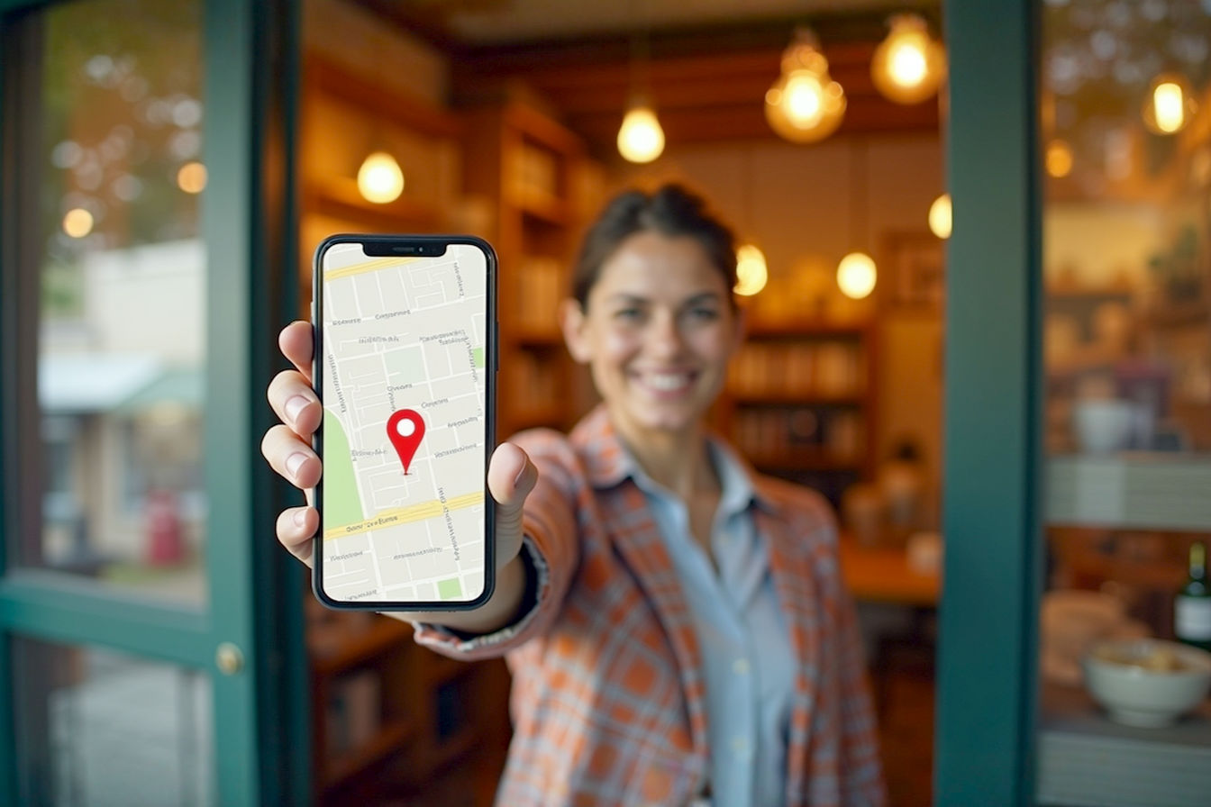 Photorealistic shot: A proud, smiling small business owner stands in the doorway of their charming, sun-drenched local shop (e.g., a boutique, bookstore, or artisanal bakery). They hold up a smartphone towards the camera, displaying a clear, simple map screen showing their business location marked with a 'You Are Here' pin. The owner makes eye contact with the viewer. Golden hour lighting creates a warm, inviting atmosphere. Professional portrait photography style, sharp focus, slightly blurred background.