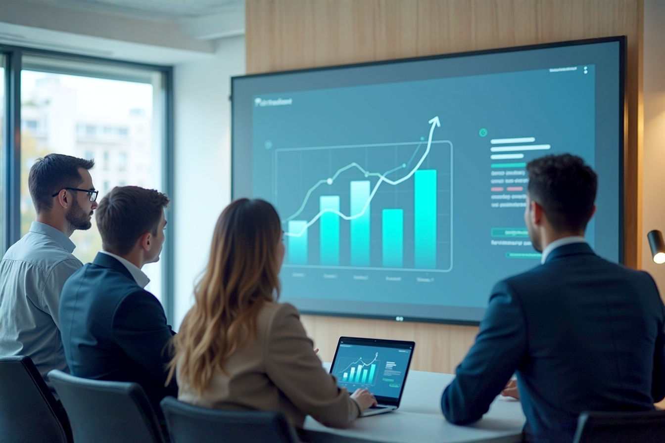 Professional, lifelike photograph depicting a team of business professionals in a modern office collaboratively reviewing a B2B website design mockup on a large screen. The atmosphere is focused and optimistic, with subtle visual cues of growth charts or upward trends in the background. Emphasize clarity, a clean aesthetic, and a sense of strategic partnership. Natural lighting, shot with a shallow depth of field to highlight the team and screen.