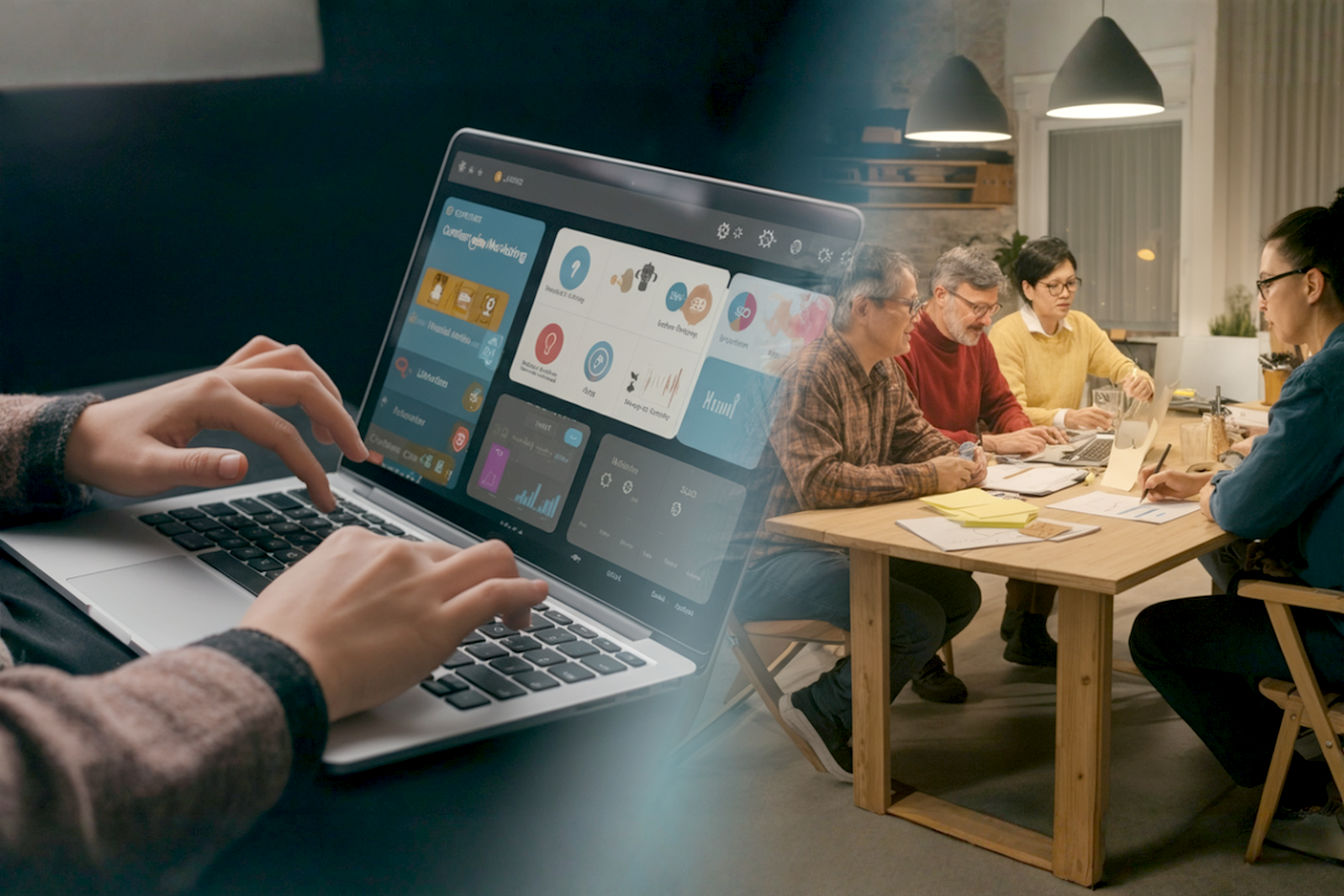 Lifelike, professional photograph showing a split scene: on one side, a person's hands typing on a modern laptop displaying diverse content marketing software dashboards (analytics, social media, SEO); on the other side, a diverse team of marketing professionals collaborating around a table with notes and charts, discussing strategy. The two scenes are subtly blended in the middle, perhaps with a soft, glowing line or a gentle gradient, symbolizing the integration of tools and services. Bright, modern office setting. Focus on clarity and a sense of strategic decision-making. Natural lighting.