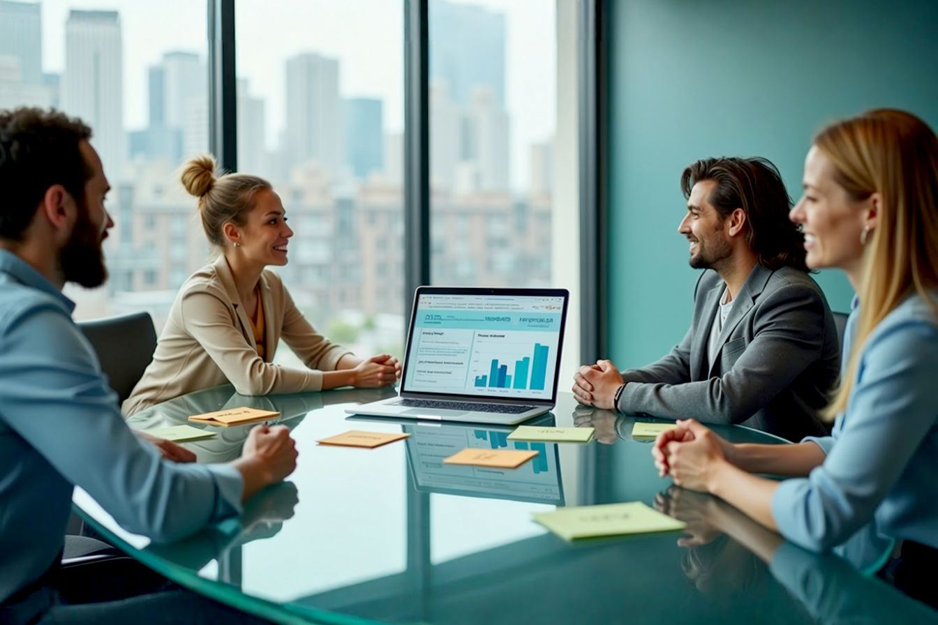 Lifelike pro photography, eye-level medium shot: A diverse team of three marketing professionals (one man, two women, varied ethnicities, mid-30s) collaborating around a modern glass-top conference table. On the table, a sleek laptop displays a vibrant website analytics dashboard with upward-trending graphs for 'Conversion Rate' and downward-trending for 'Bounce Rate'. Post-it notes with keywords like 'User Intent,' 'SEO,' 'Content,' and 'CTA' are neatly arranged. The office background is bright, contemporary, with large windows showing a soft-focus city view. The mood is focused, optimistic, and collaborative. Natural lighting, shallow depth of field focusing on the dashboard and the engaged faces.