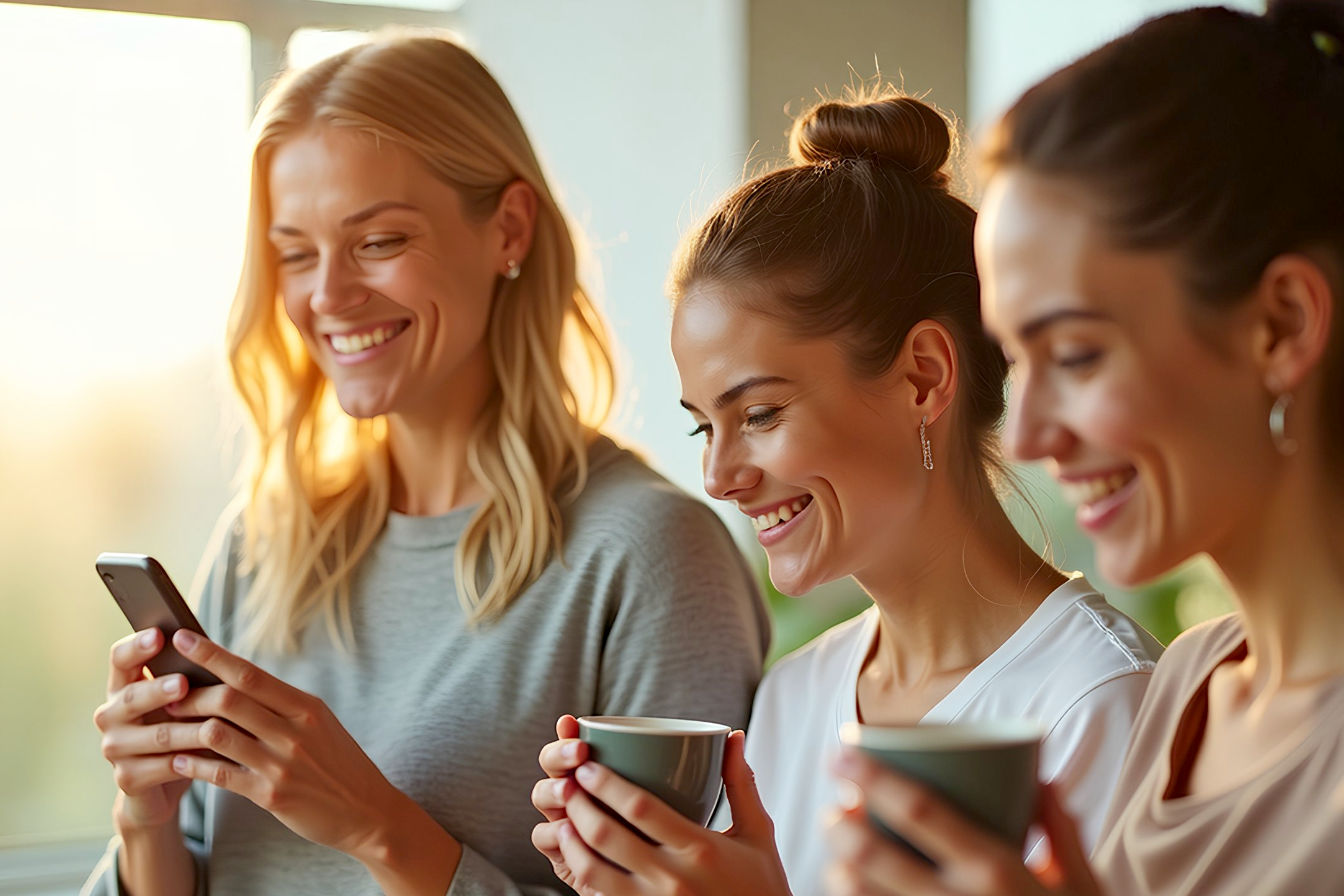 Professional, lifelike photograph depicting a group of women subtly interacting with various wellness elements: one person smiling while looking at a smartphone displaying a fitness app interface, another mindfully sipping herbal tea, a third with a yoga mat nearby. The background is bright, clean, and slightly blurred, suggesting a modern, serene wellness studio or a sunlit home environment. The overall mood is positive, aspirational, and authentic, conveying success and well-being.