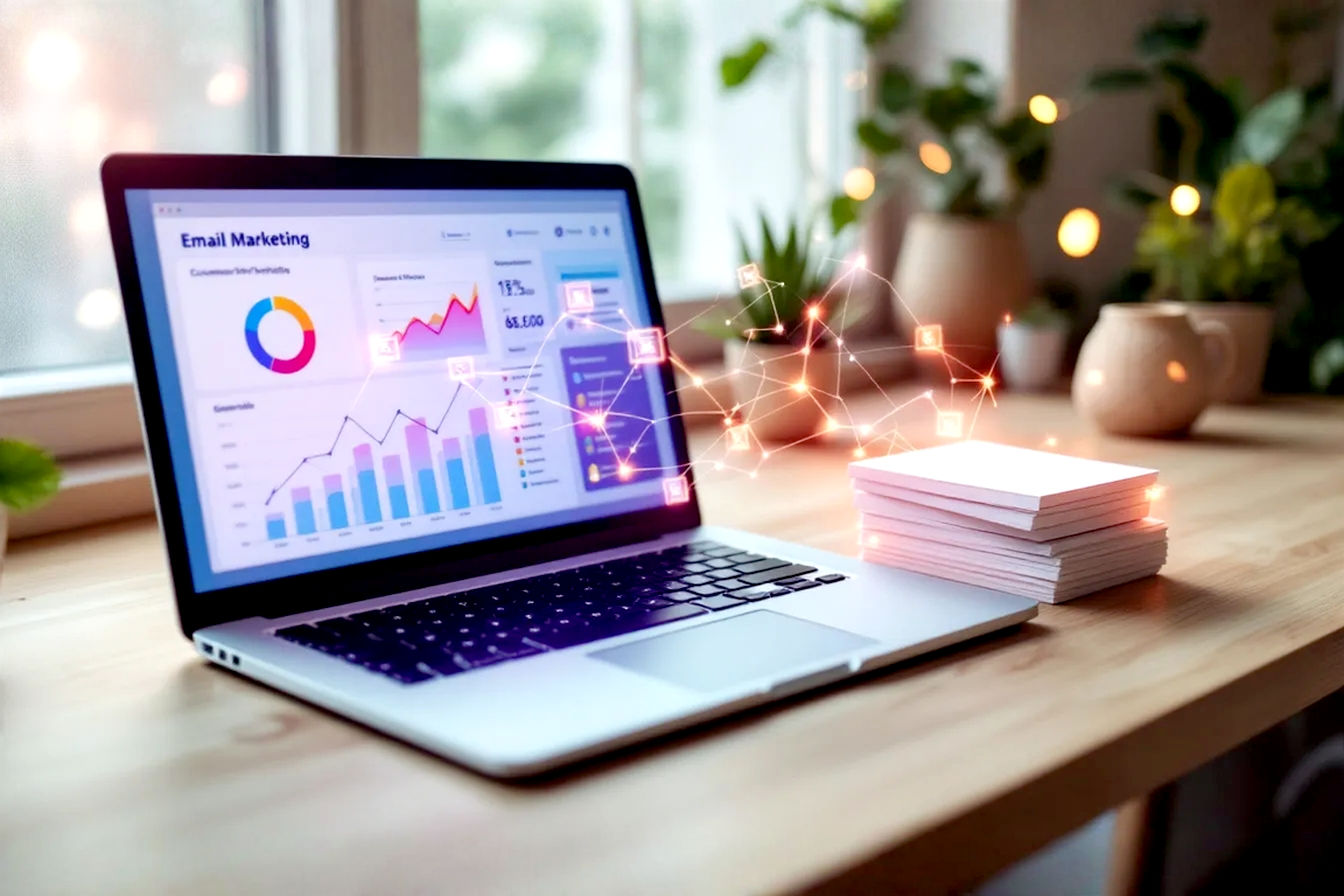 A professional, bright, and clean flat lay photograph. On a light wooden desk, a laptop displays a vibrant email marketing dashboard with growth charts. Next to it, a neatly organized stack of physical customer profile cards is visually transforming into a digital list on the laptop screen, with glowing digital lines connecting them, symbolizing the email appending process. Soft, natural light illuminates the scene. The overall mood is tech-forward, organized, and ethical.
