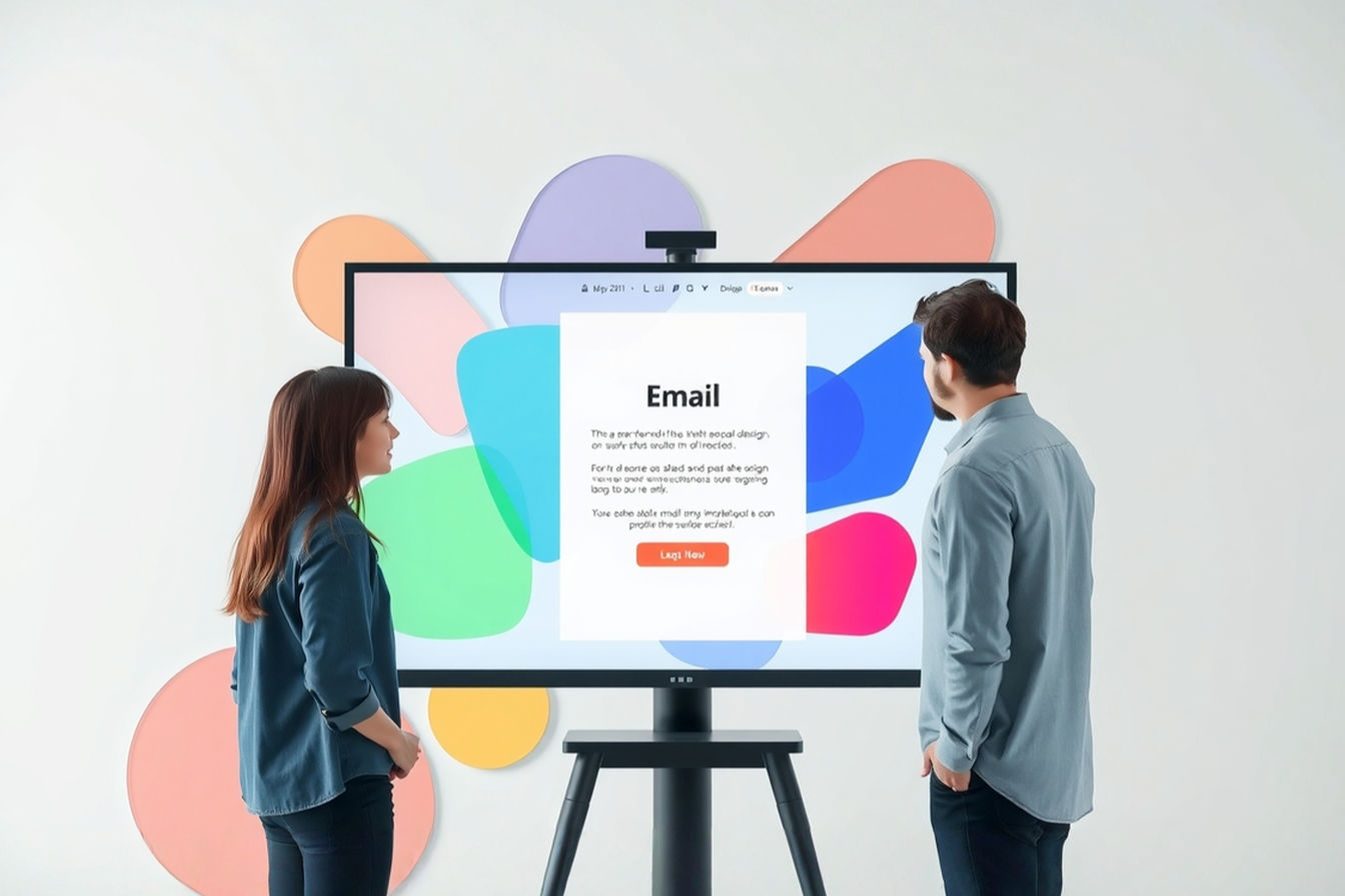 Professional, photorealistic image of a team collaboratively discussing an email design on a large, modern touchscreen monitor. The screen shows a clean, visually appealing email layout with clear typography and a prominent call-to-action button. The team members look engaged and thoughtful. Soft, natural office lighting. Focus on the screen and the collaborative interaction.