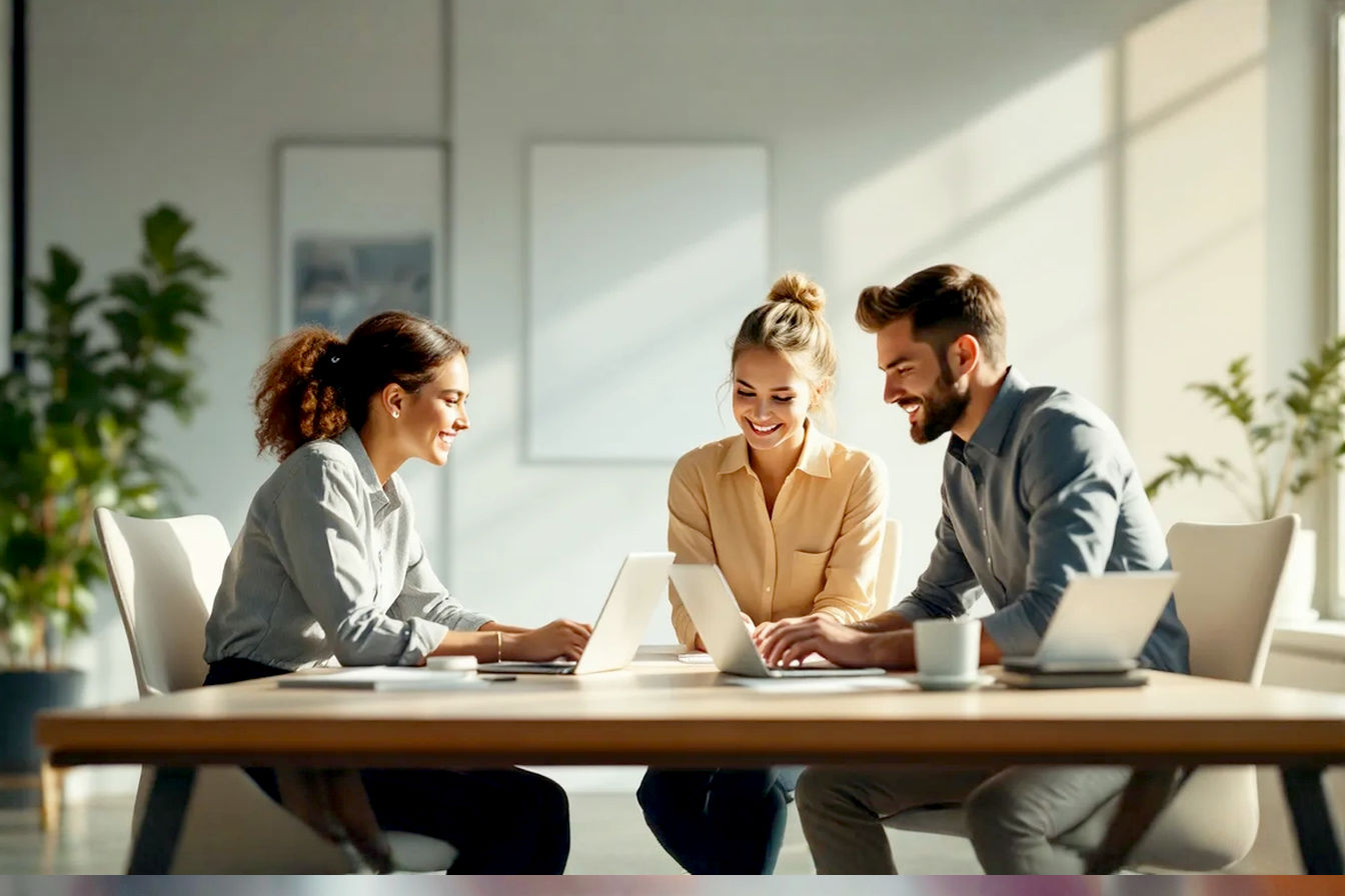 Professional, lifelike photo illustrating email marketing lead generation. A group of modern professionals are collaboratively working around a sleek, minimalist desk. The overall mood is optimistic, innovative, and focused on growth. Soft, natural lighting with a clean, modern office background. Emphasize a sense of successful teamwork and digital strategy.