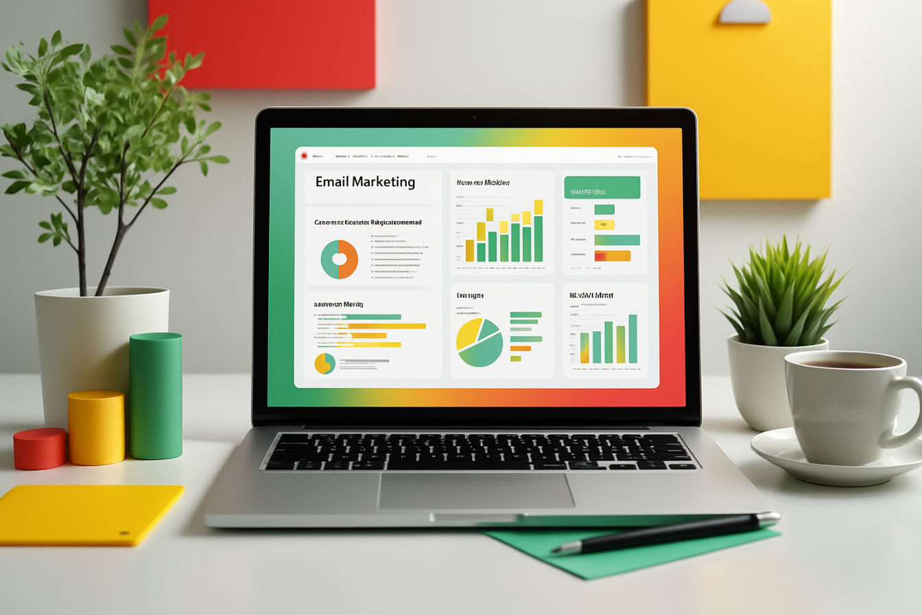 Professional, lifelike photograph, bright and modern flat lay composition. A laptop screen shows a vibrant email marketing dashboard with charts and graphs. Surrounding the laptop are elements representing affiliate marketing and communication. The overall tone is optimistic, clean, and focused on growth and success. Soft, natural lighting. Shot from a slightly elevated angle.