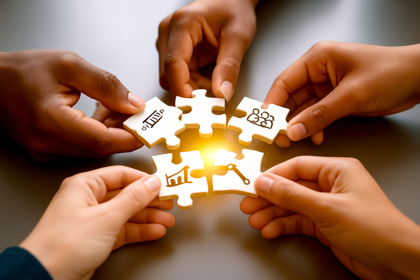 Lifelike, professional photograph, eye-level shot: A diverse group of hands (different ages, ethnicities) are piecing together a complex, glowing jigsaw puzzle. Each puzzle piece has a unique, intricate icon representing a different niche market (e.g., a tiny drone, an ergonomic tool, a rare plant, a specialized pet toy). The overall image should evoke a sense of discovery, precision, and fitting things together perfectly. Soft, warm lighting, slightly blurred background to keep focus on the hands and puzzle. Modern, clean aesthetic.