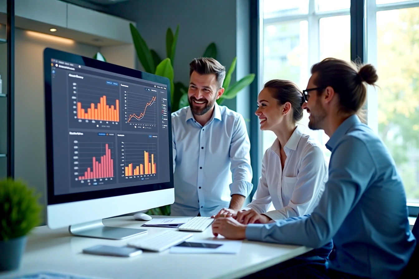 Lifelike professional photography, bright and modern office setting. A team of three marketing professionals are collaborating around a sleek monitor displaying social media ad analytics charts and graphs (abstracted, no specific platform logos). Focus on expressions of confidence, insight, and teamwork. Soft, natural lighting. Background slightly blurred to emphasize the team. Keywords: collaboration, strategy, results, digital marketing, expertise, social media advertising.