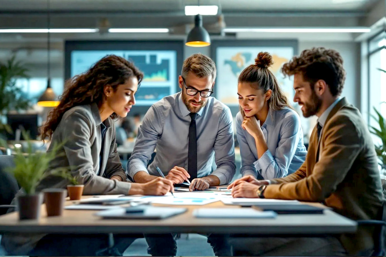 A group of professionals collaboratively analyzing social media influencer data. The scene is well-lit, with a modern office background, conveying a sense of strategy and precision. Lifelike pro photography style.