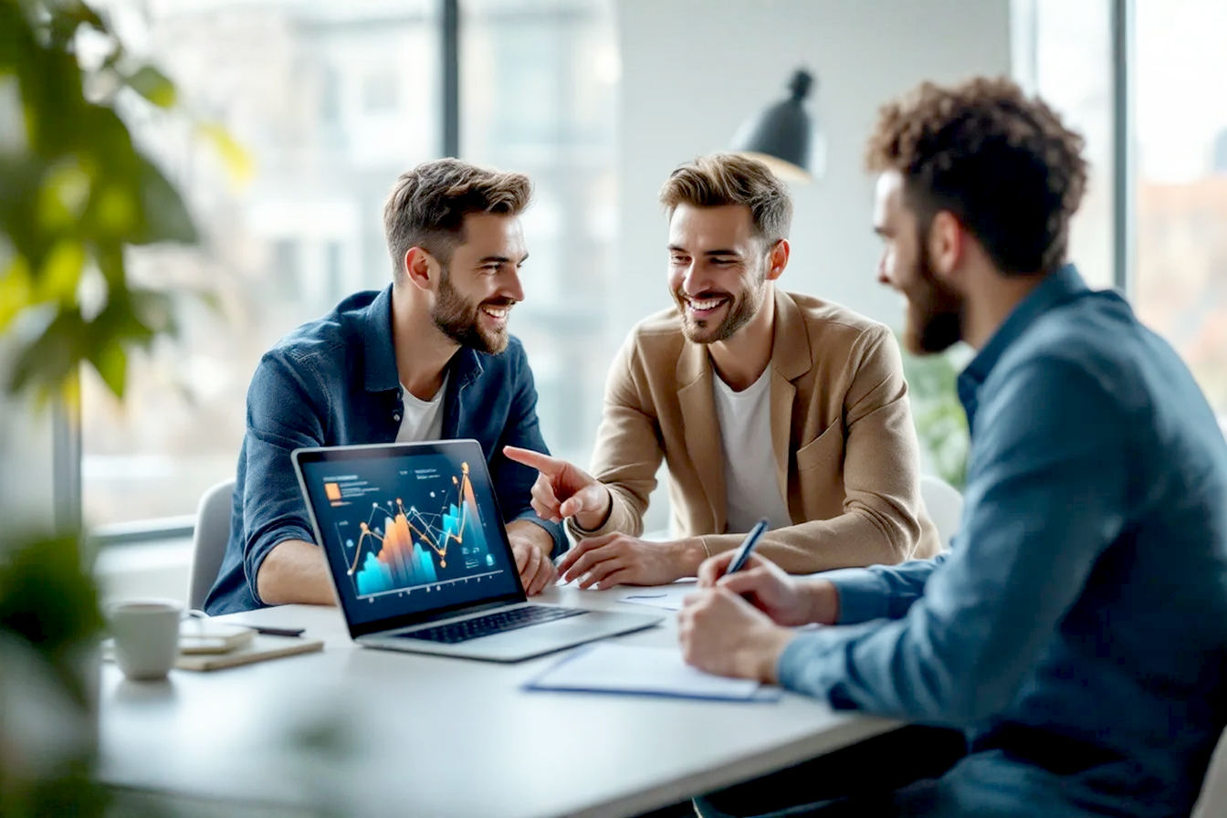 Lifelike professional photography style, well-lit modern office setting. Three business professionals are collaboratively looking at a sleek laptop screen displaying colorful marketing analytics charts and graphs. They appear engaged, positive, and strategic.
