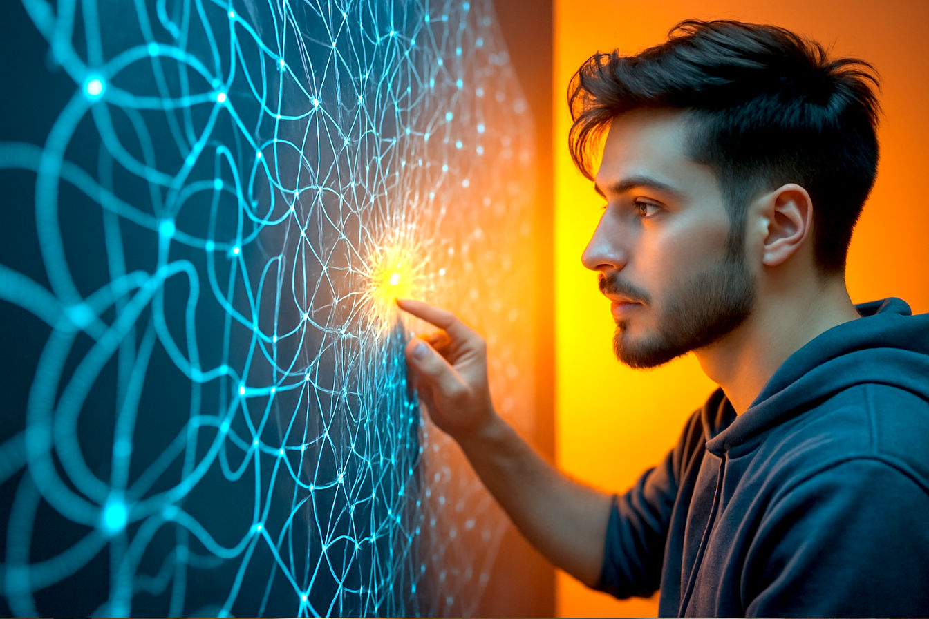Lifelike, professional photograph showing a frustrated person looking at a complex, tangled string map representing a niche SEO strategy, with a clear, illuminated path emerging from the tangle, symbolizing the solution and clarity. Bright, optimistic lighting. Focus on the illuminated path. High detail, realistic style.