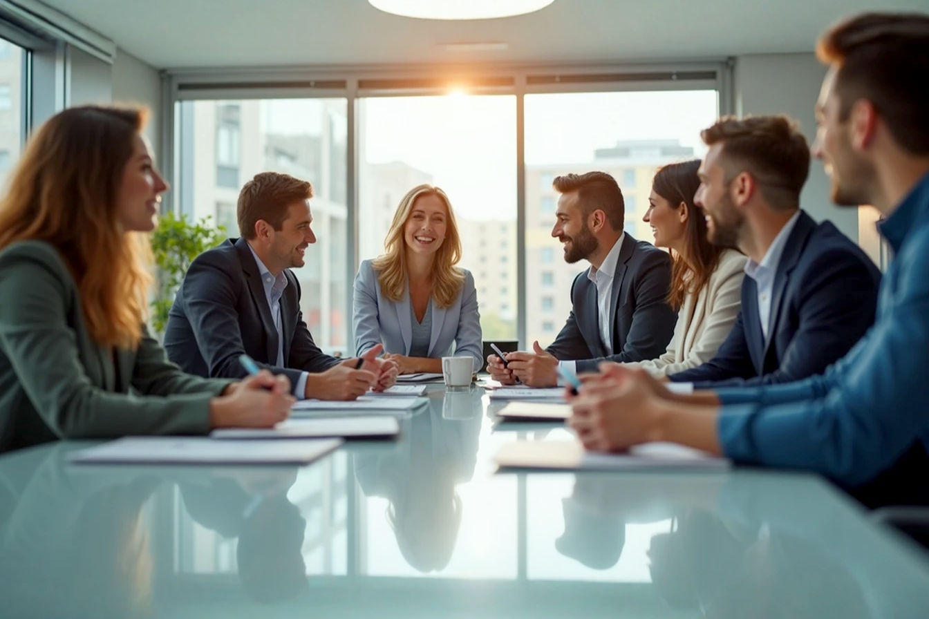 Professional, lifelike photograph capturing a group of marketing professionals collaborating enthusiastically around a sleek, modern conference table. The background is a bright, slightly blurred contemporary office setting with large windows and natural light. The overall mood is optimistic, innovative, and focused on teamwork and future-forward strategy. Capture a dynamic angle, shallow depth of field. Style: Clean, impactful, tech-forward, pro photography.