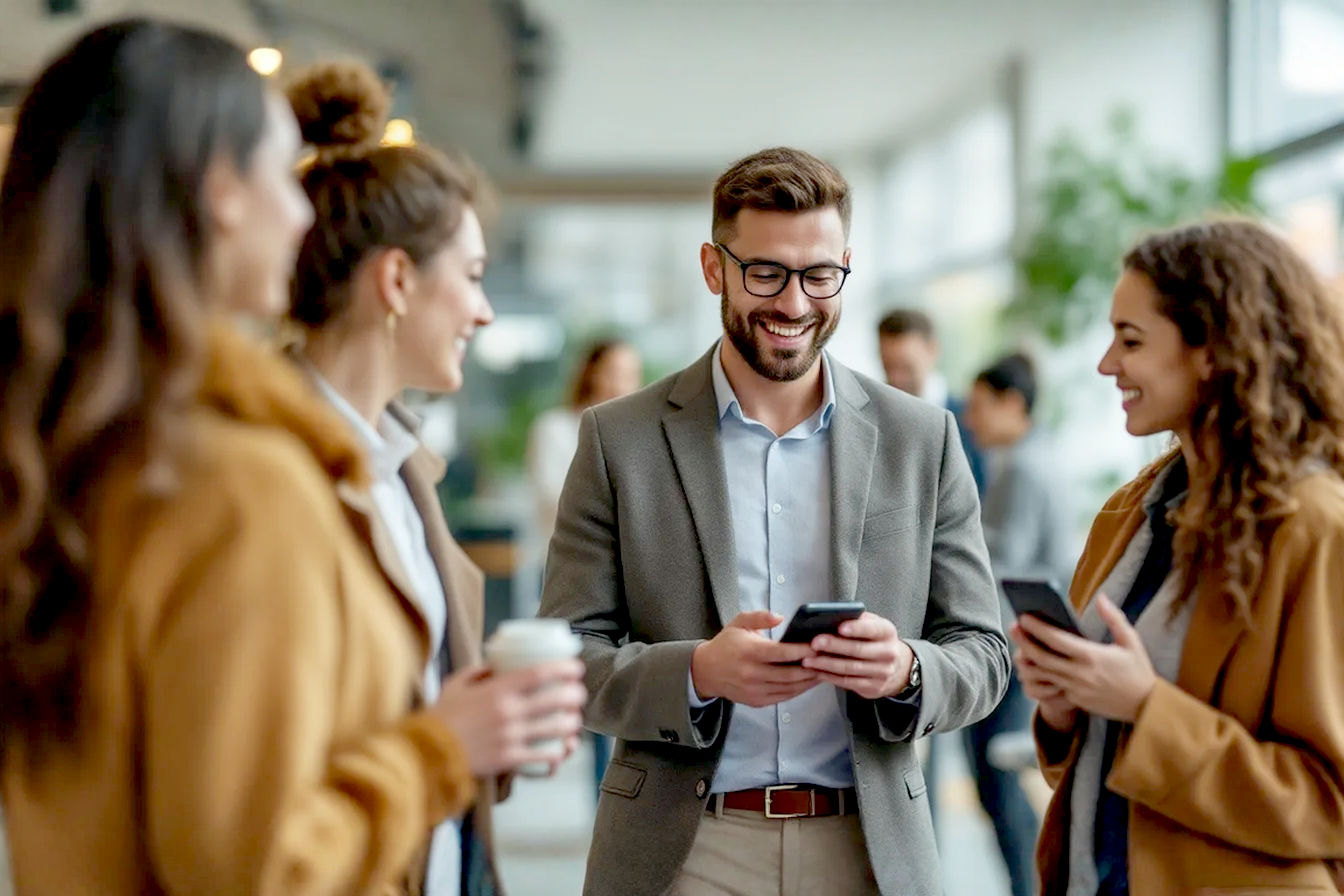 Professional, lifelike photograph for a hotel marketing article. A group of happy hotel guests are interacting positively in a bright, modern, and inviting hotel lobby. One guest is smiling while looking at a welcome email on their smartphone. The overall mood is warm, welcoming, and suggests successful guest engagement and high occupancy. Focus on realistic details, soft natural lighting, and a sense of sophisticated hospitality.