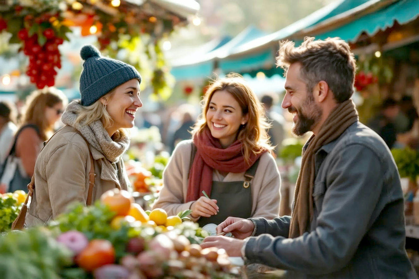 Professional, bright, eye-level medium shot of a group of three smiling Americans of various ages interacting positively at a vibrant local farmers market stall. Focus is on genuine community connection, warm natural lighting, and a slightly blurred background of other market activity to emphasize the people. Realistic, high-detail photography, capturing authentic expressions.