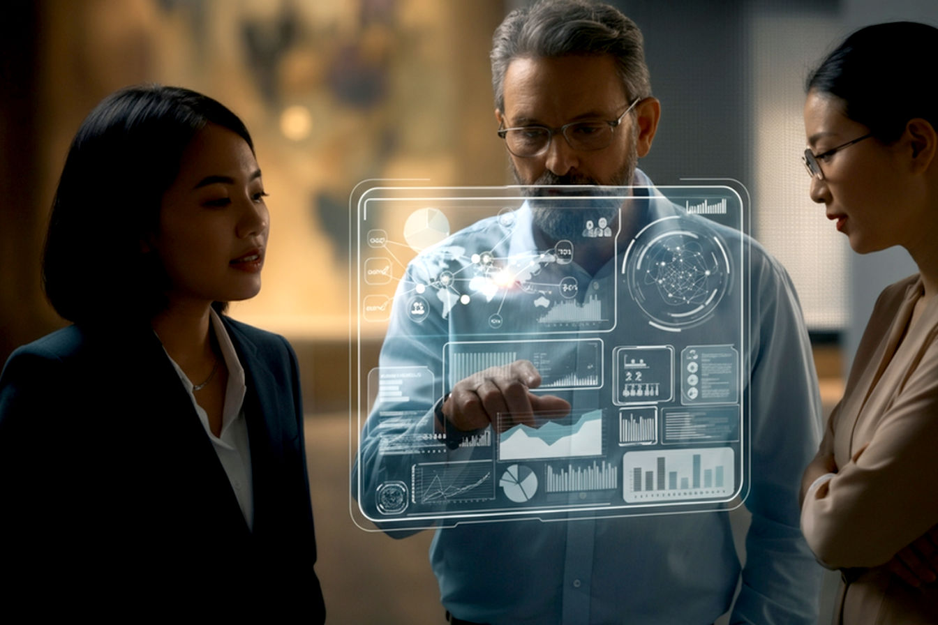 Professional, lifelike business photography style. A group of focused B2B professionals are examining a translucent, futuristic holographic interface displaying interconnected data points and clear customer segment charts. The background is a modern, slightly blurred office or innovation hub environment. The lighting is bright and optimistic, emphasizing collaboration and data-driven insights. The overall mood is strategic, forward-thinking, and successful. Focus on clarity of the holographic interface elements if possible.