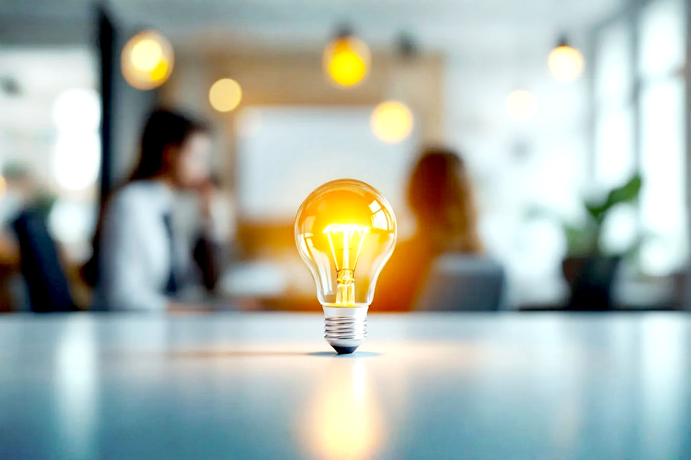 High-quality, professional photograph. A single, brightly illuminated, modern lightbulb (symbolizing an idea/content) is at the center of a clean, minimalist desk. Small, metallic figures (representing customers) are subtly drawn towards the lightbulb as if by a gentle magnetic force. The background is a slightly blurred, contemporary office setting, conveying a sense of focus and successful strategy. Soft, warm lighting enhances the 'attraction' theme