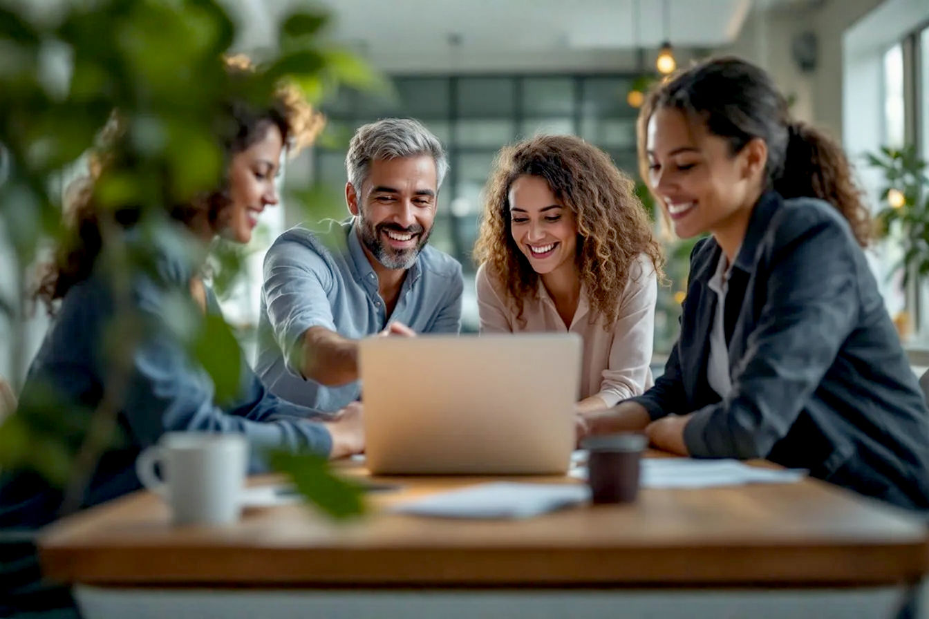 Lifelike professional photography, eye-level shot: A marketing team collaboratively working around a modern, light-filled office table. The team members are engaged in discussion, pointing at the screen, with positive and focused expressions. Soft, natural lighting, shallow depth of field focusing on the laptop screen and collaborative hands. Background shows a clean, modern office environment.