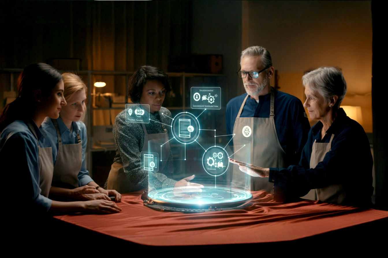 Professional, lifelike photograph depicting a group of small local business owners (e.g., a baker, a mechanic, a florist) collaborating around a glowing, holographic interface that displays interconnected digital marketing icons (website, SEO, social media, email, reviews). The scene should be bright, optimistic, and modern, set in a clean, well-lit co-working space or modern workshop. Emphasize a sense of teamwork and successful integration. Shallow depth of field, focus on the central interface and the engaged expressions of the business owners. Warm, inviting lighting.