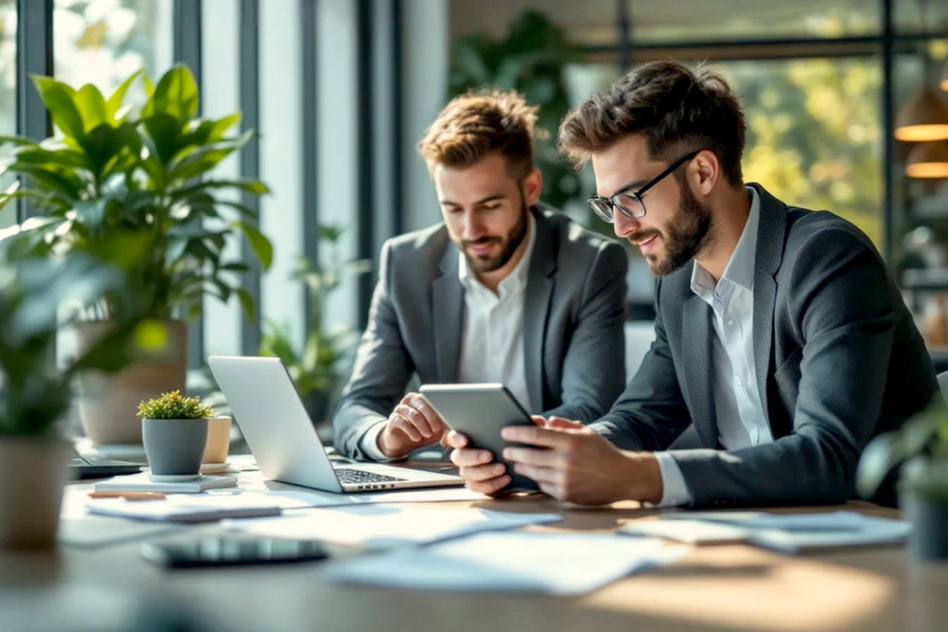 Professional, lifelike photograph depicting business professionals collaboratively working on laptops and tablets in a modern office setting. The atmosphere is bright, focused, and optimistic, conveying success and strategic planning. Emphasize a clean, corporate aesthetic with a shallow depth of field, focusing on one or two individuals in the foreground. Natural lighting from a large window.