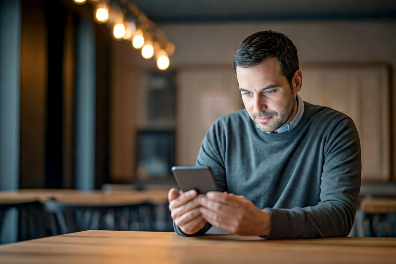 Professional, lifelike photograph showing a small business owner looking hopefully at a glowing smartphone or laptop screen. The background should be their well-lit, inviting local business environment. The overall mood should be optimistic and empowering, symbolizing increased online visibility and success. Use natural lighting, a slightly shallow depth of field to focus on the owner and screen, and a warm, approachable color palette.