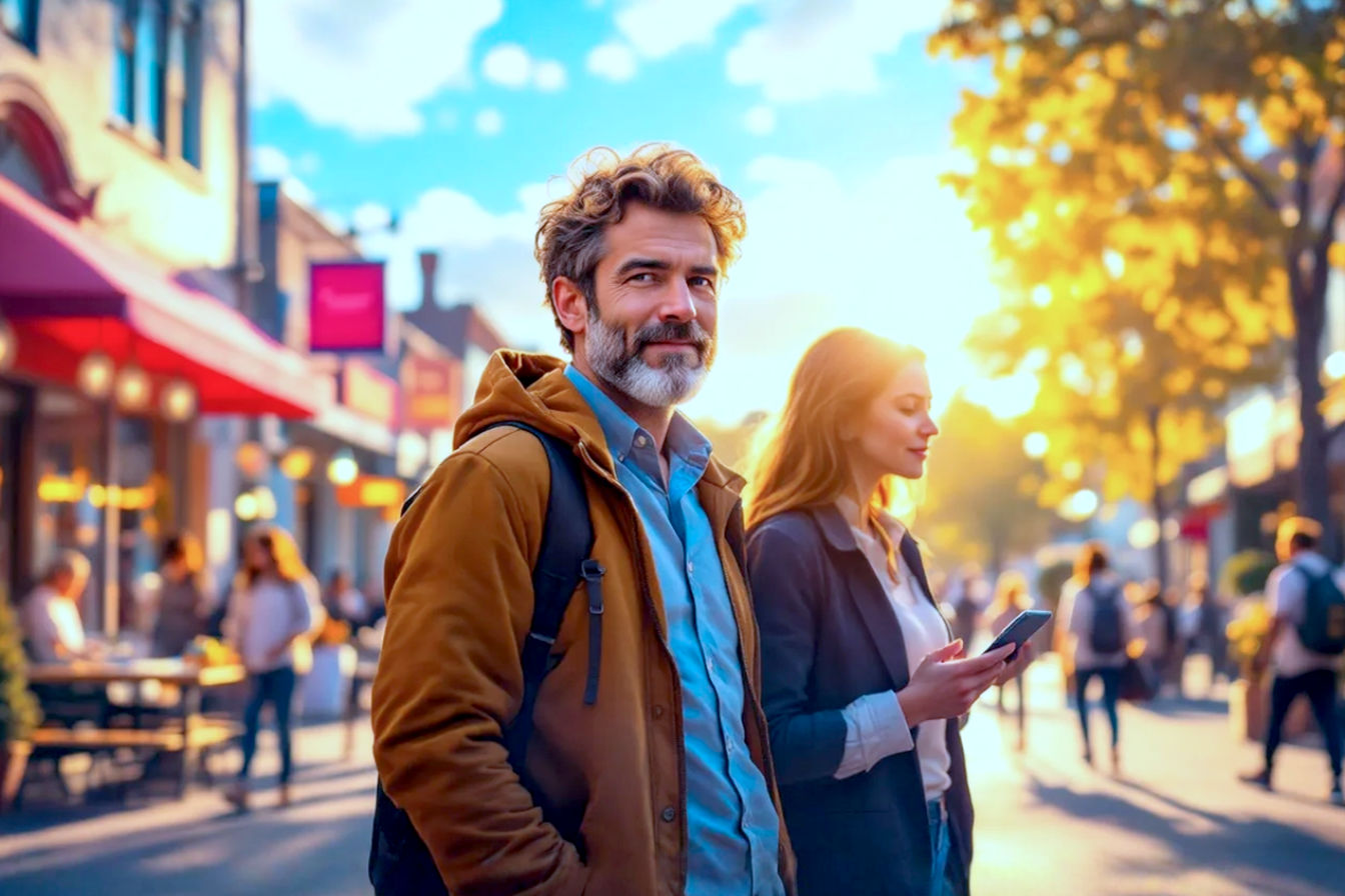 Professional, vibrant photo illustrating local business owners. The background subtly shows a thriving, sunny Main Street with customers entering local shops. Focus on a sense of community, technology empowering local business, and profitability. Warm, inviting, and optimistic tone.
