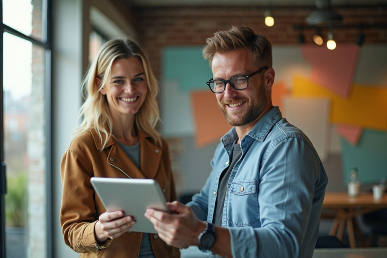 Professional, lifelike photograph depicting small business owners. The setting is a bright, modern co-working space or a friendly local business. The mood is optimistic, focused, and tech-savvy. Emphasize natural lighting and a shallow depth of field to highlight the people and the tablet. The image should convey growth, community, and smart decision-making in local business.