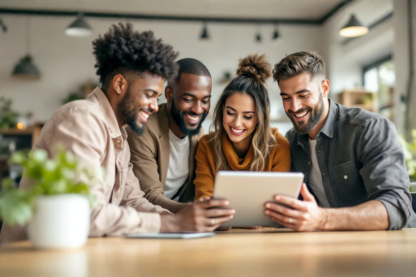 Lifelike, professional photograph of a group of smiling local business owners collaboratively looking at a tablet displaying social media engagement charts. Bright, modern co-working space background. Warm, inviting, and optimistic atmosphere. Focus on connection and success.